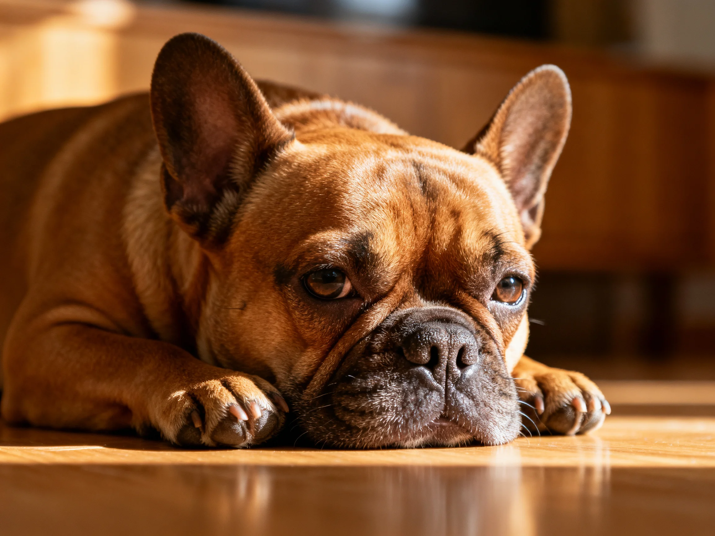 A brown French Bulldog rests on a polished wooden floor in warm sunlight