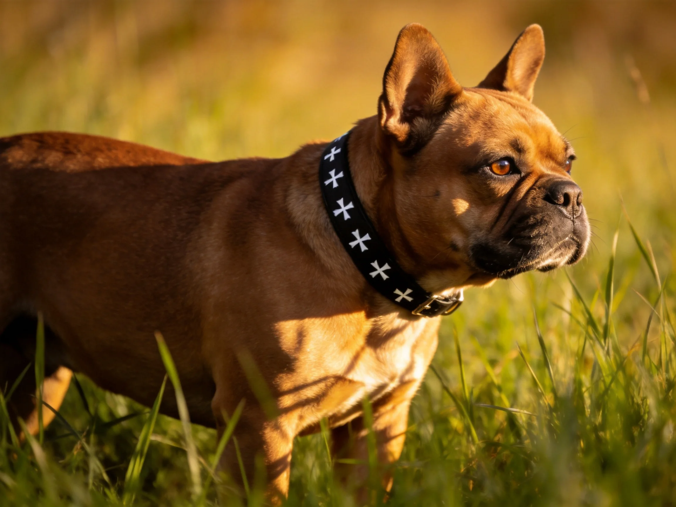 A brown French Bulldog stands alert in sunlit tall grass.