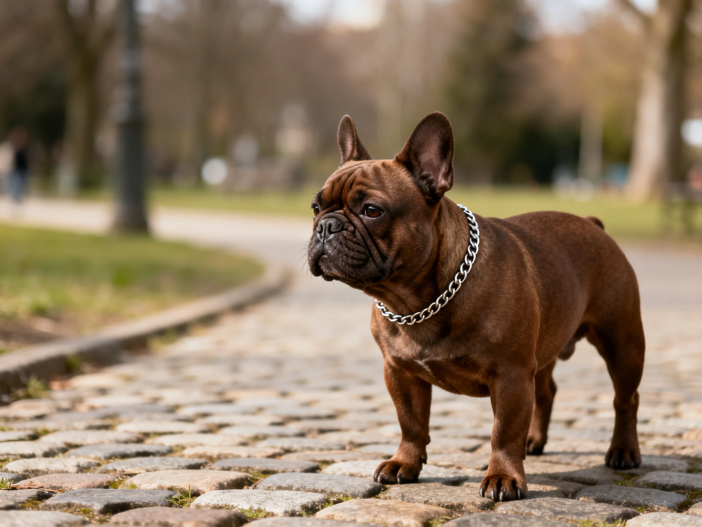 A brown French Bulldog walks on a cobblestone path in a park.