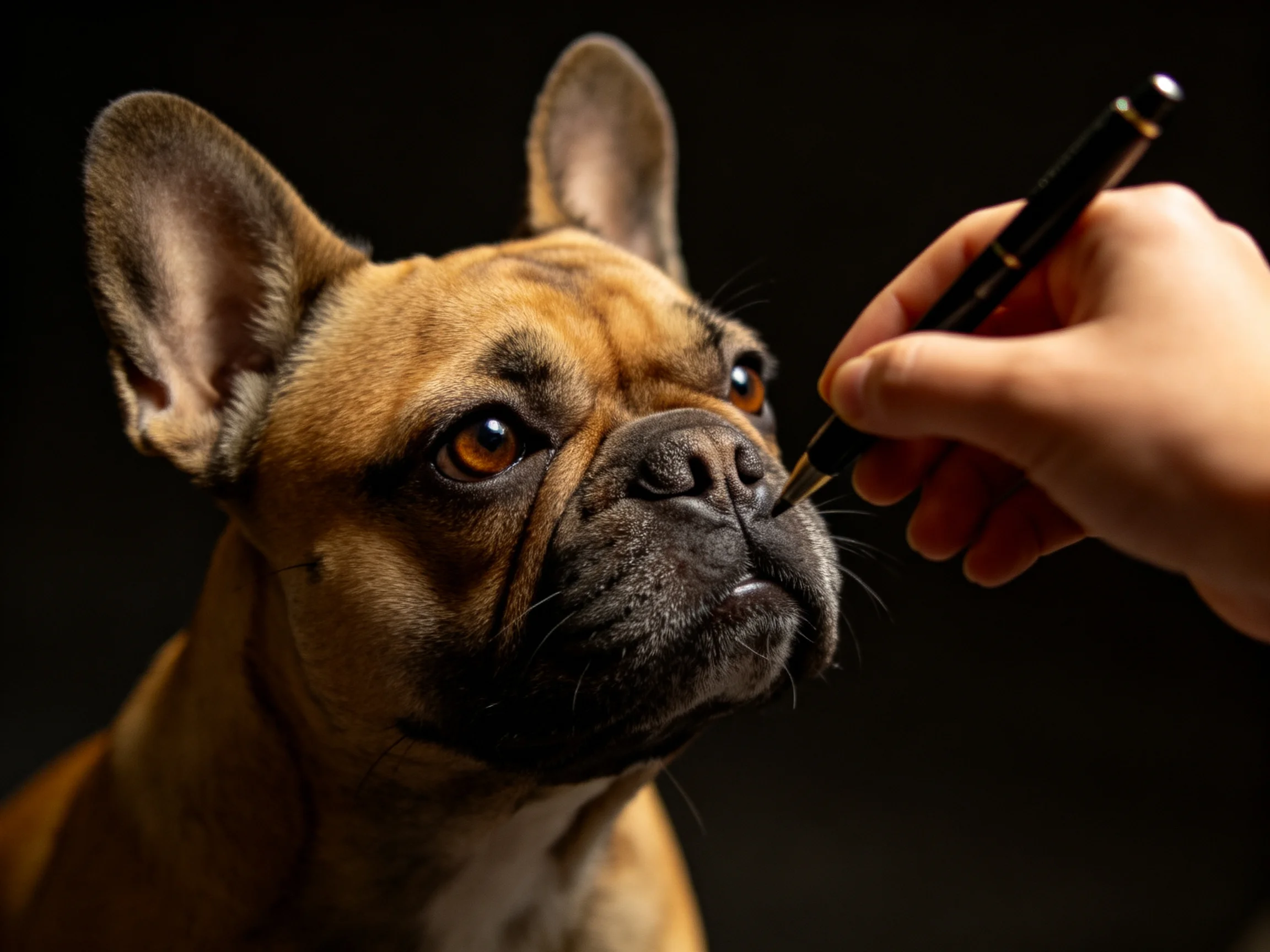 A brown French bulldog examined by a hand with a black tool
