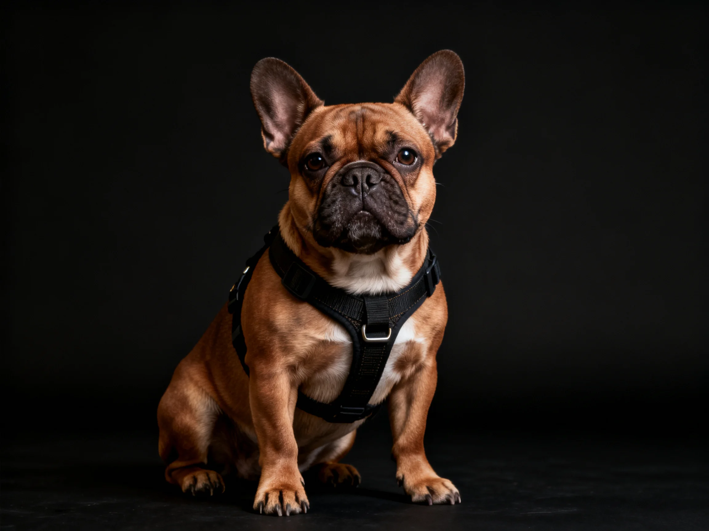 A brown French bulldog in a black harness sits against a dark backdrop