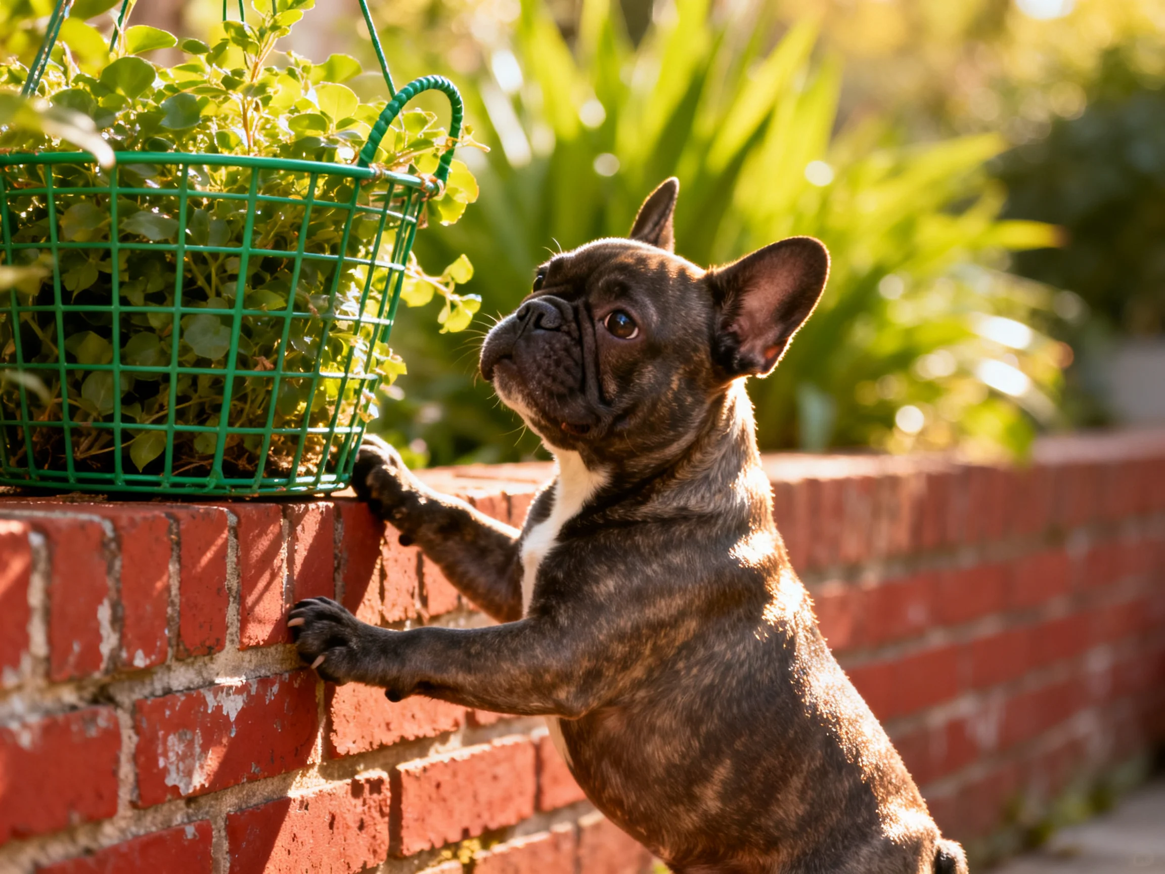 A brown French bulldog reaches for a green plant basket by a red brick wall
