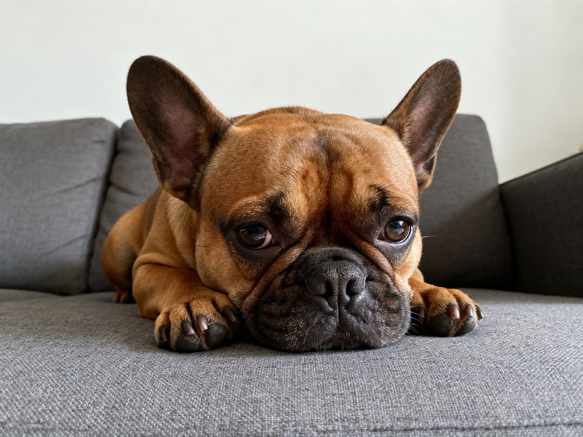 A brown French bulldog lies on a gray couch with a droopy expression
