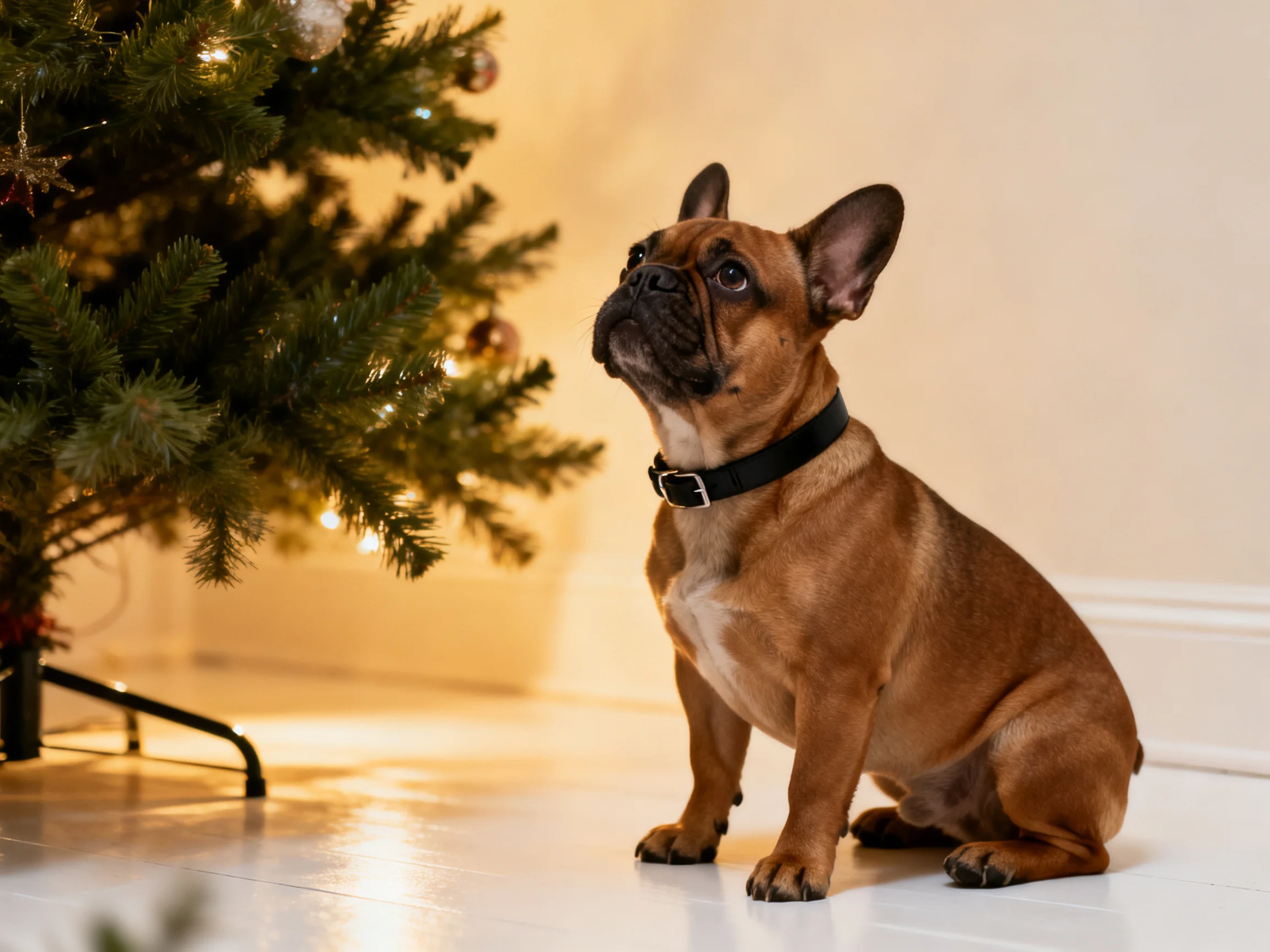 A brown French bulldog sits beside a decorated Christmas tree
