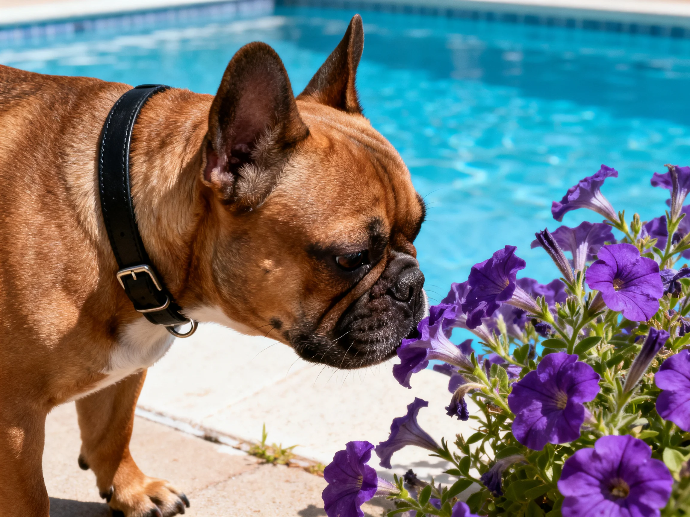 A brown French bulldog sniffs vibrant purple flowers by a bright blue pool