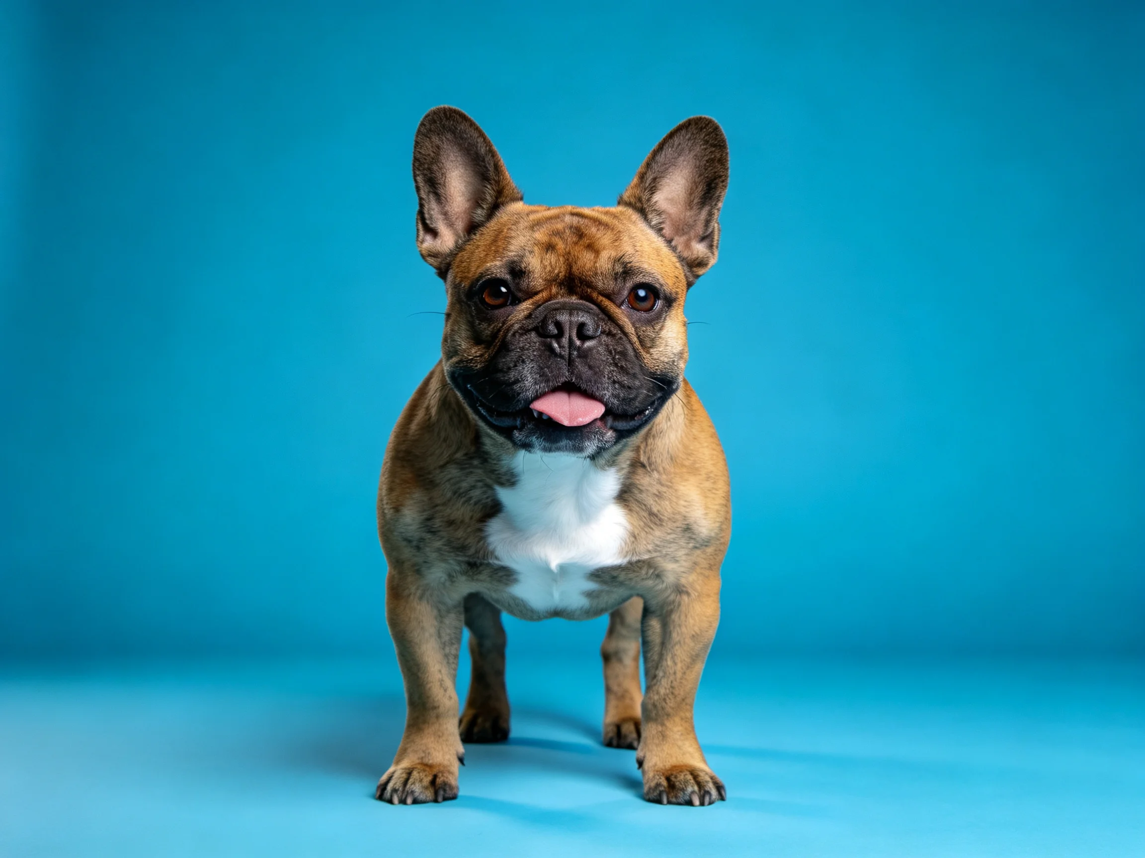 A brown French bulldog stands against a solid blue backdrop
