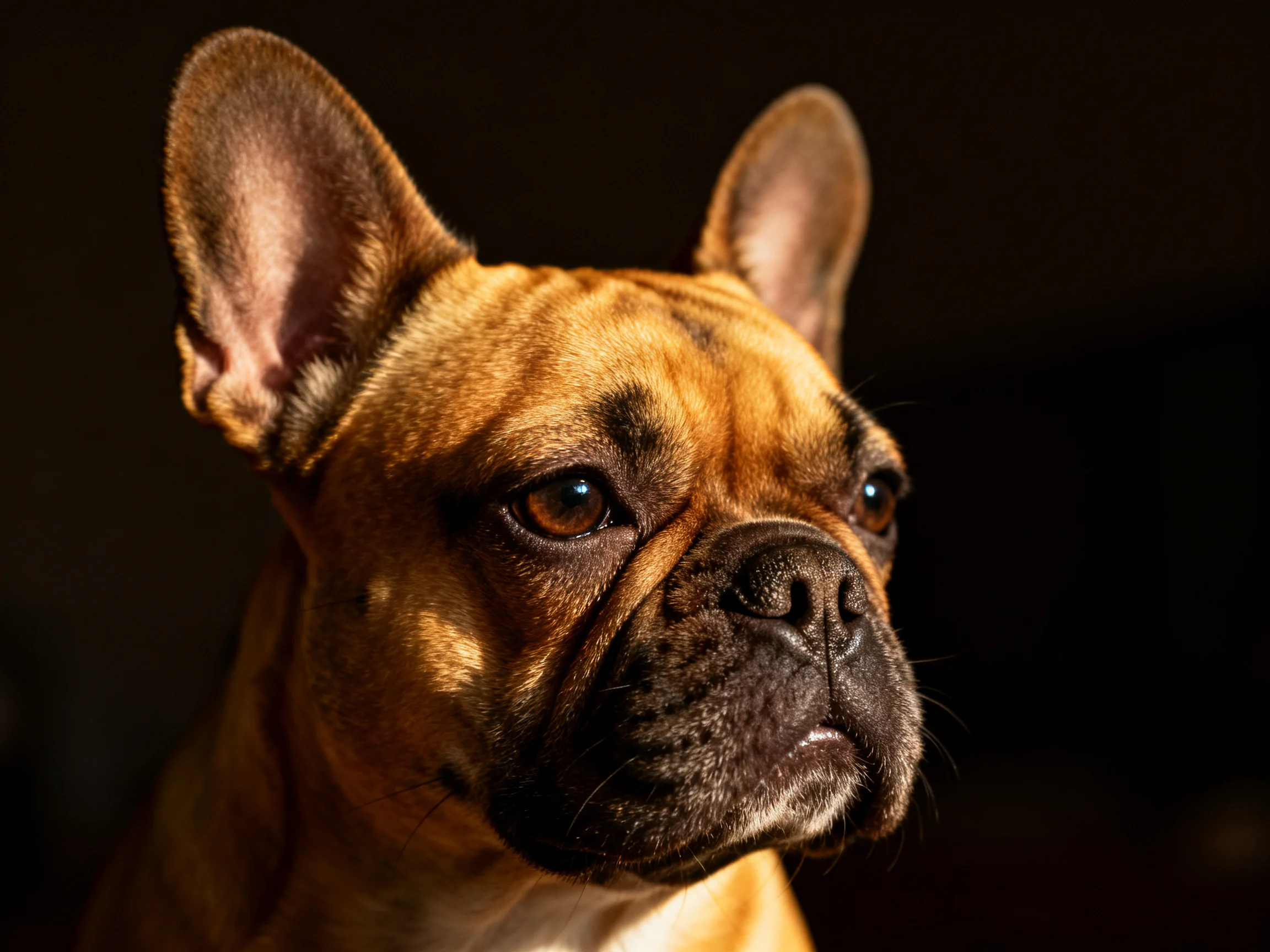 A brown French bulldog with upright ears against a dark backdrop