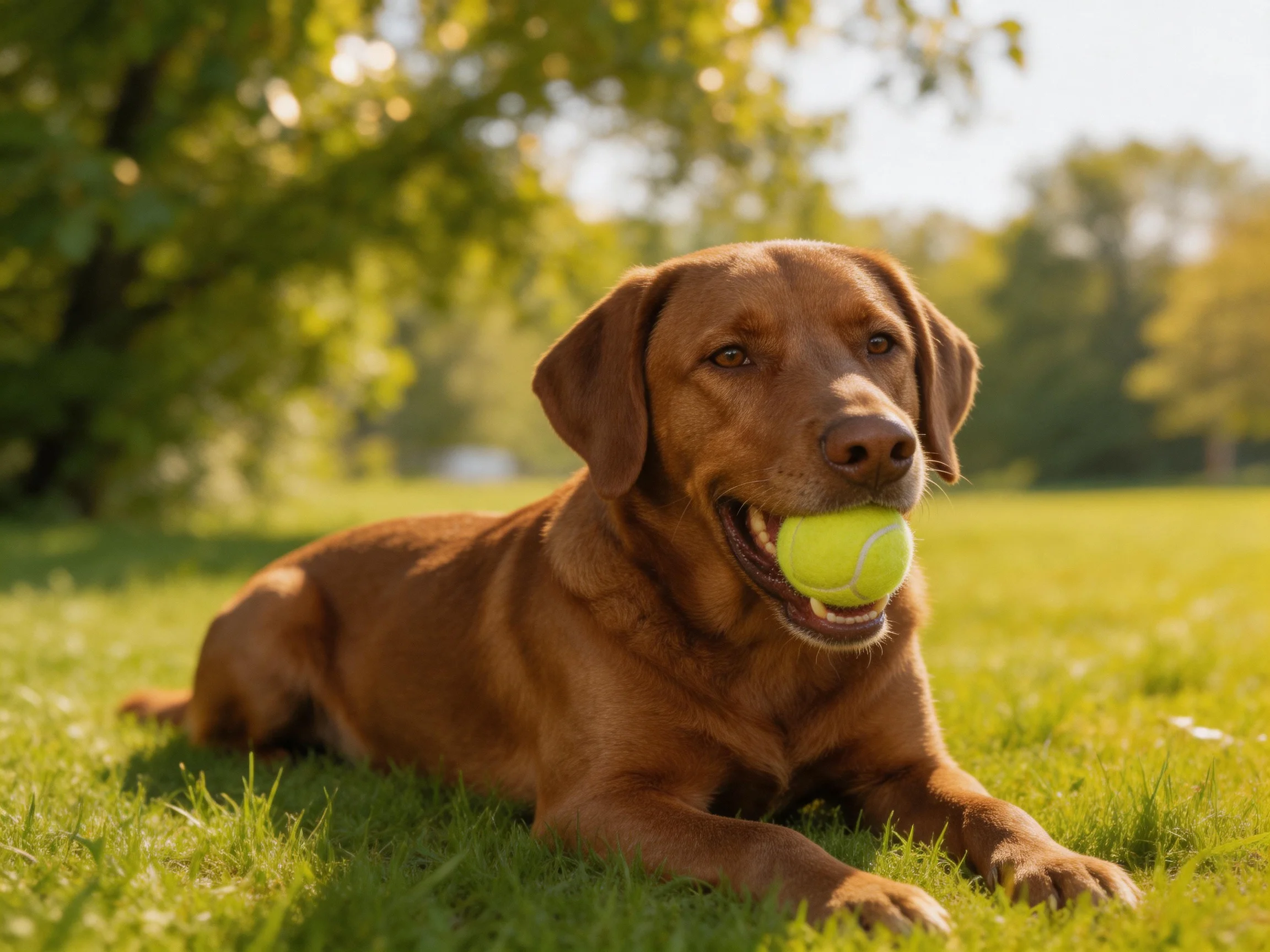 A brown Labrador retriever holds a yellow tennis ball while resting on grass in a sunny outdoor area.