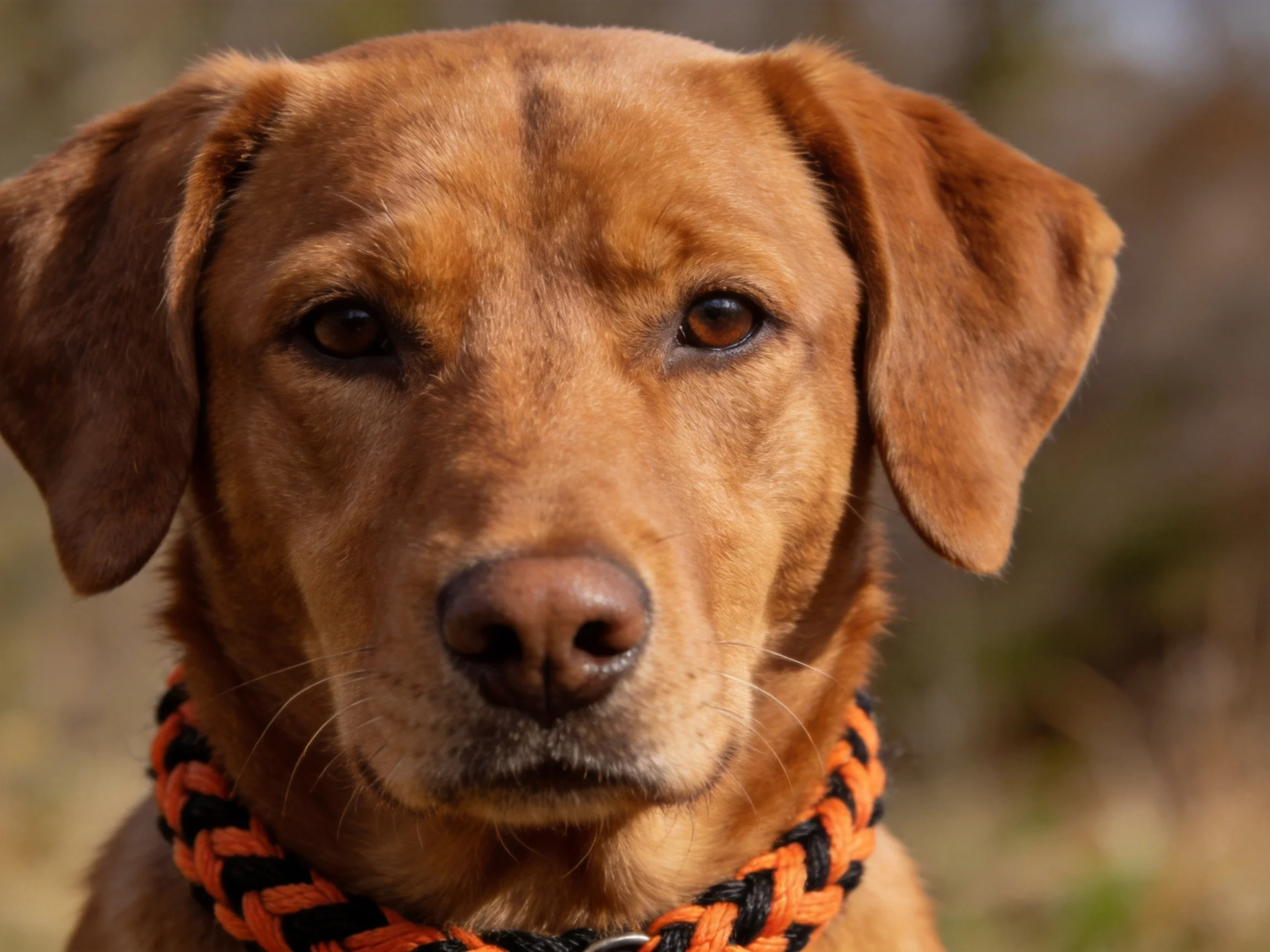 A brown Labrador with a black-orange collar is photographed outdoors.