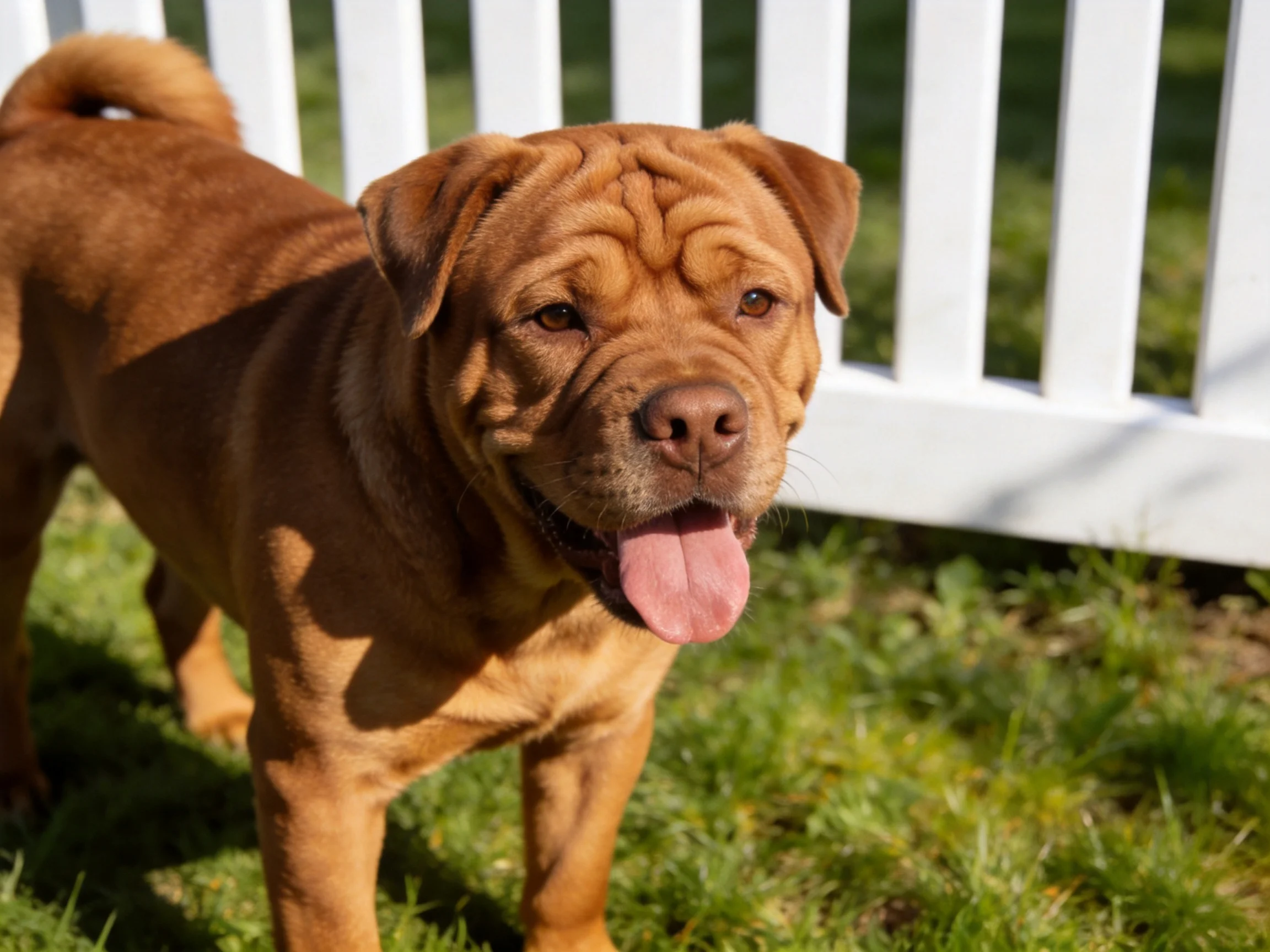 A brown Shar Pei dog stands on grass next to a white fence.