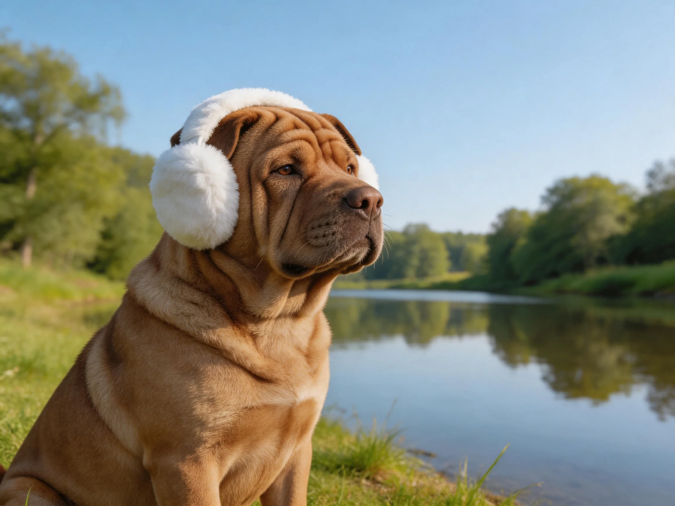 A brown Shar Pei dog with white earmuffs by a calm river