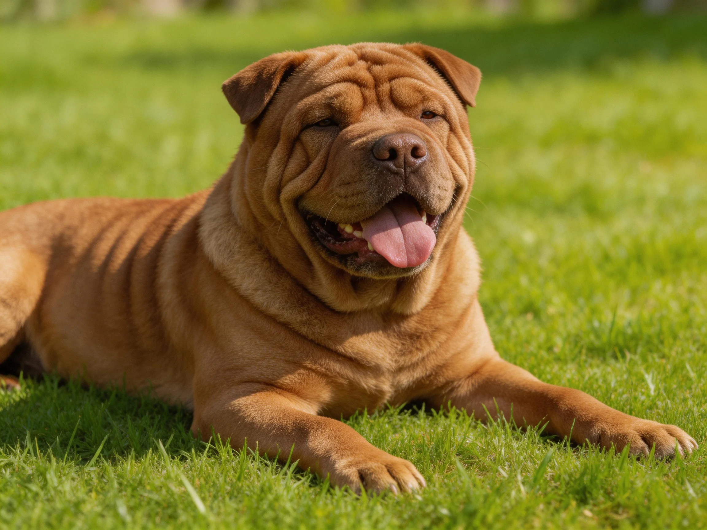 A brown Shar Pei rests contentedly on vibrant green grass