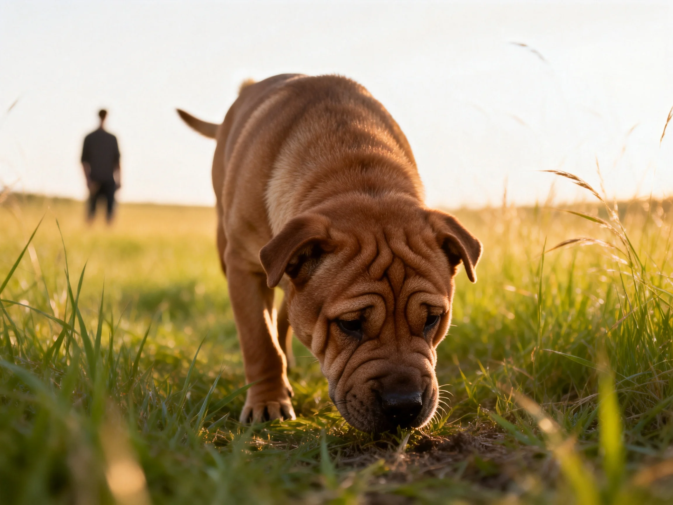 A brown Shar Pei sniffs grass in a sunlit field with a person in the distance.