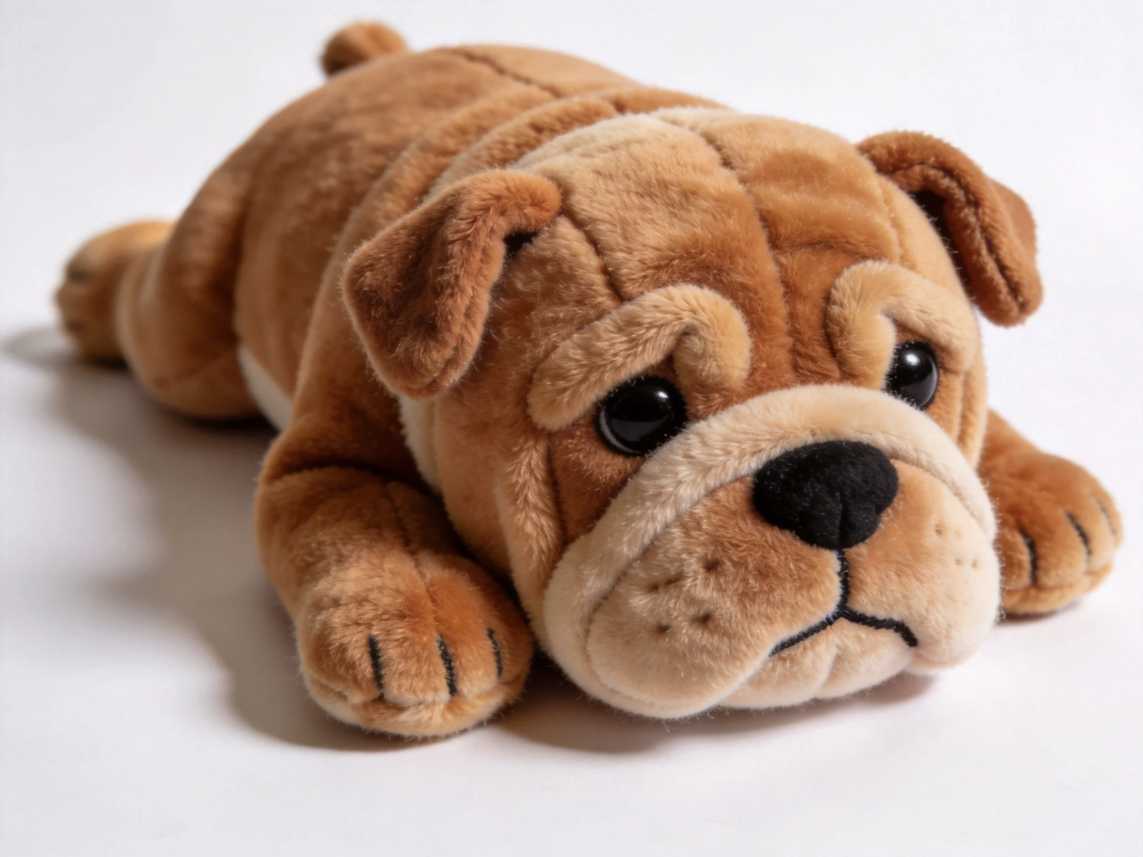 A brown and beige plush bulldog toy resting on a white surface