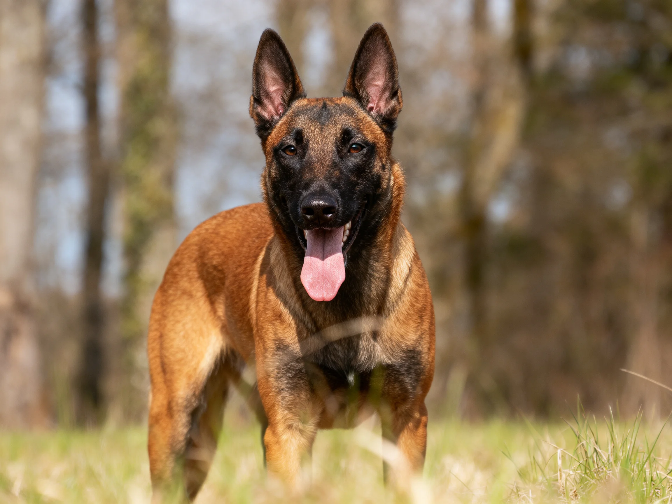 A brown and black Belgian Malinois in a sunlit grassy landscape