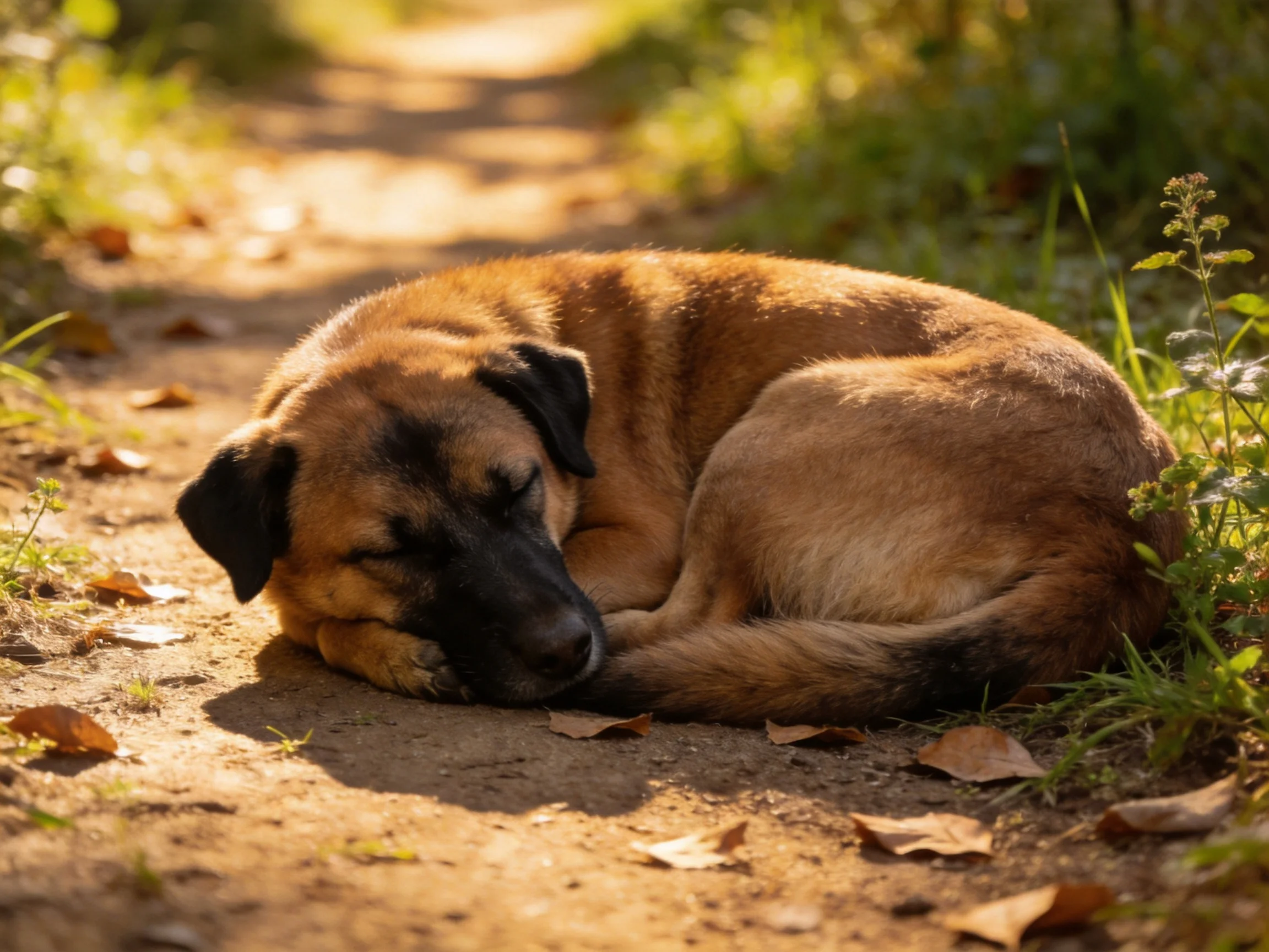 A brown and black dog curls up sleeping on a sunny dirt trail