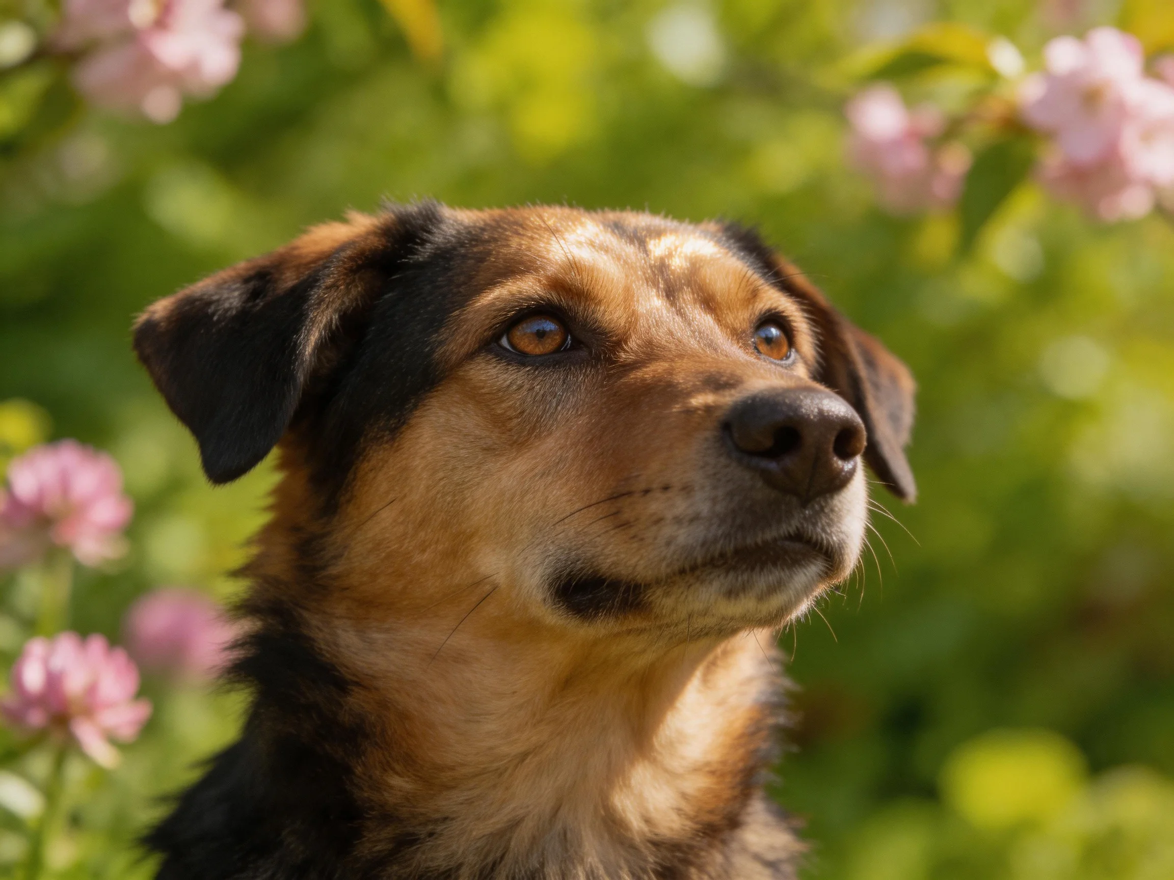 A brown and black dog gazes toward blooming pink flowers amid lush green foliage