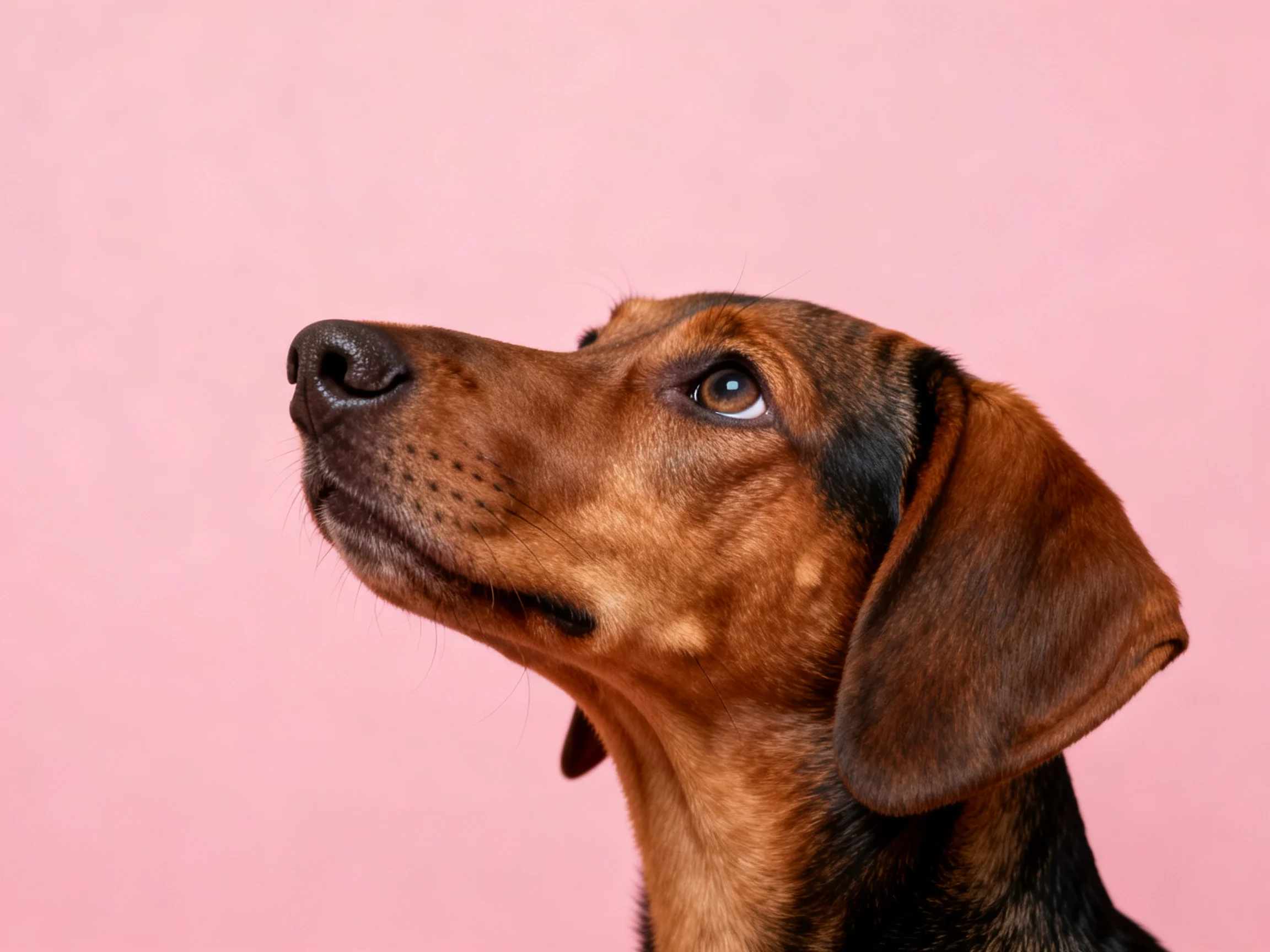 A brown and black dog gazes upward with a solid pink background