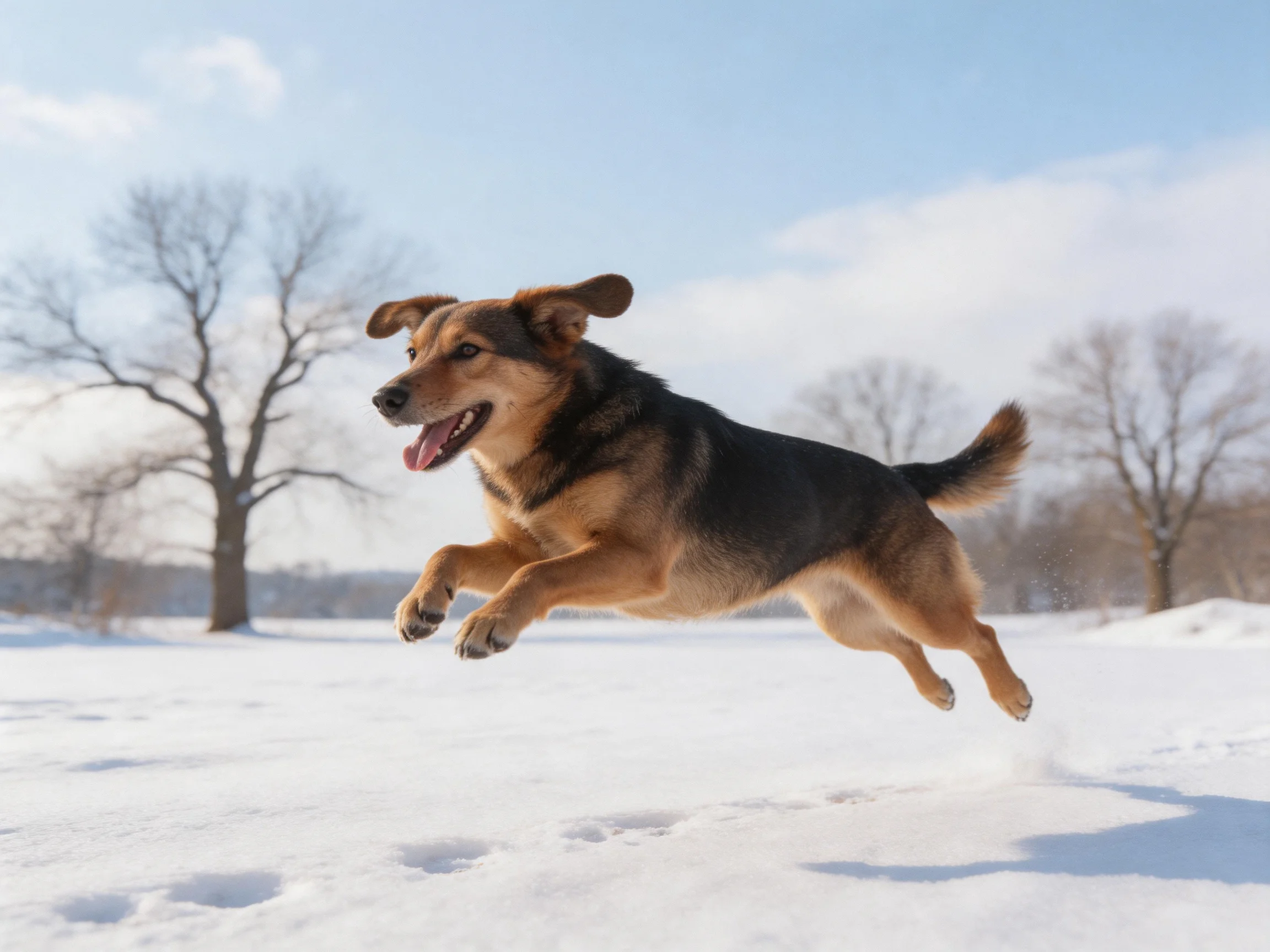 A brown and black dog joyfully jumps over a snowy expanse