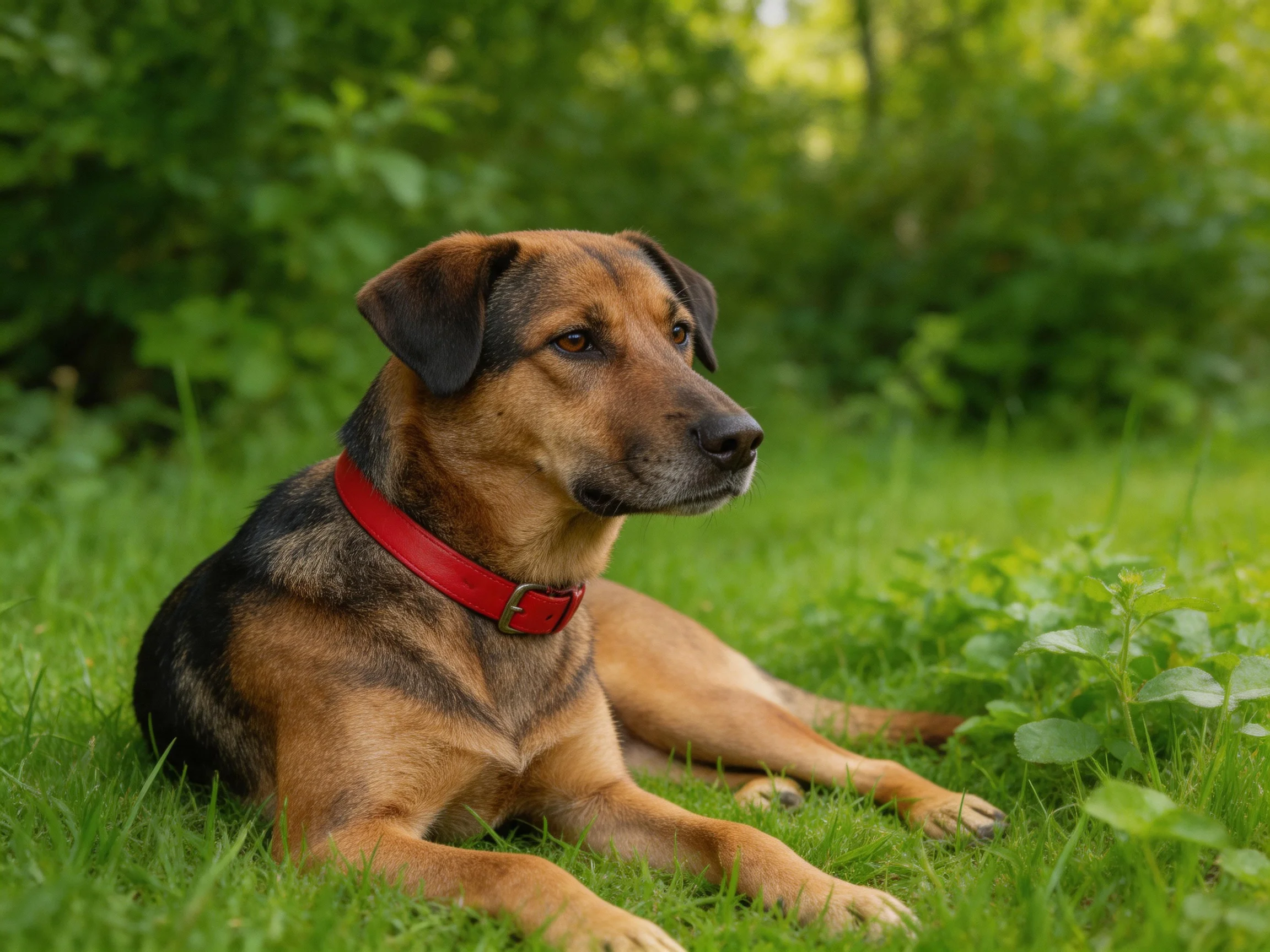 A brown and black dog lies on lush green grass with a bright red collar
