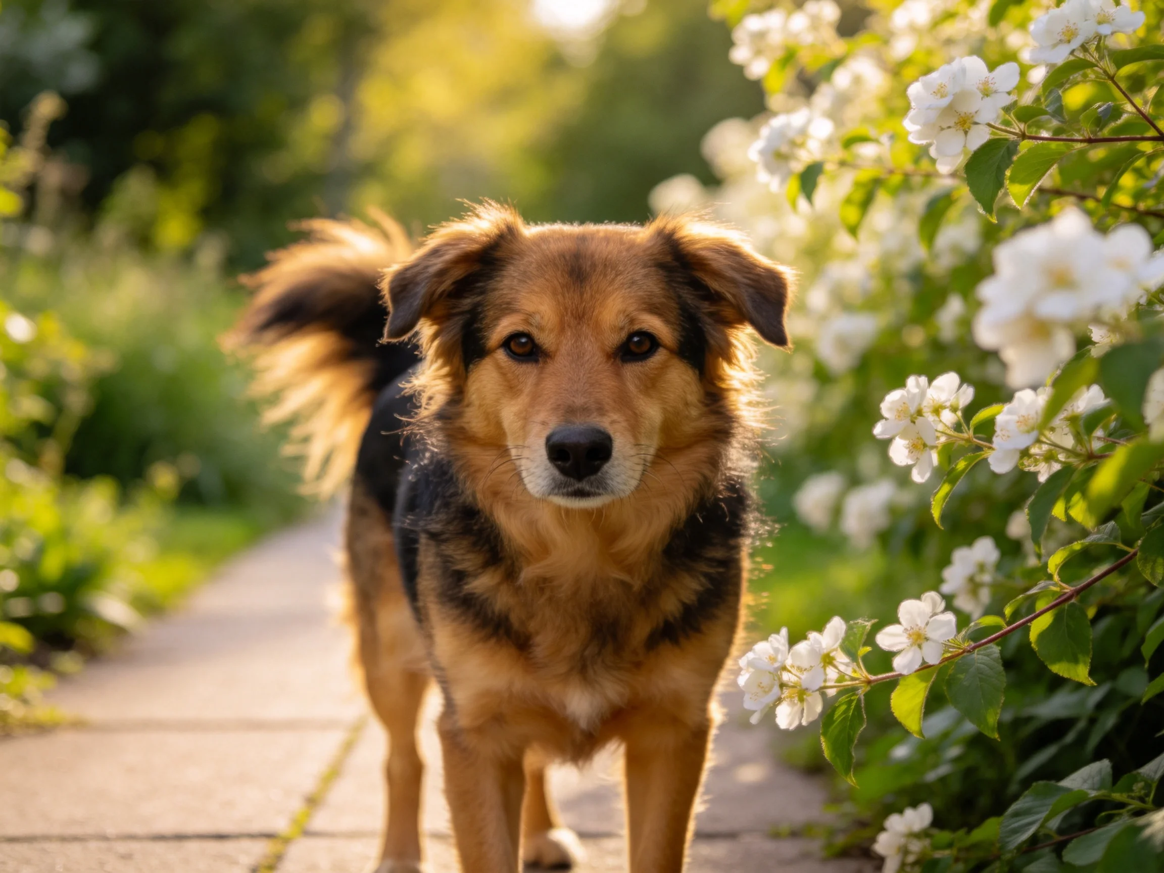 A brown and black dog walks past blooming white bushes on a stone path.