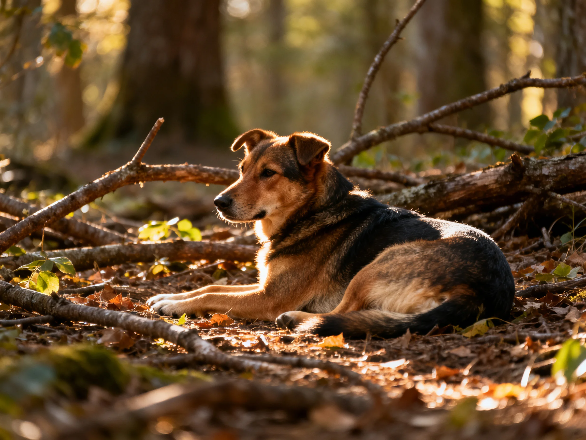 A brown and black dog rests among tangled branches in golden sunlight