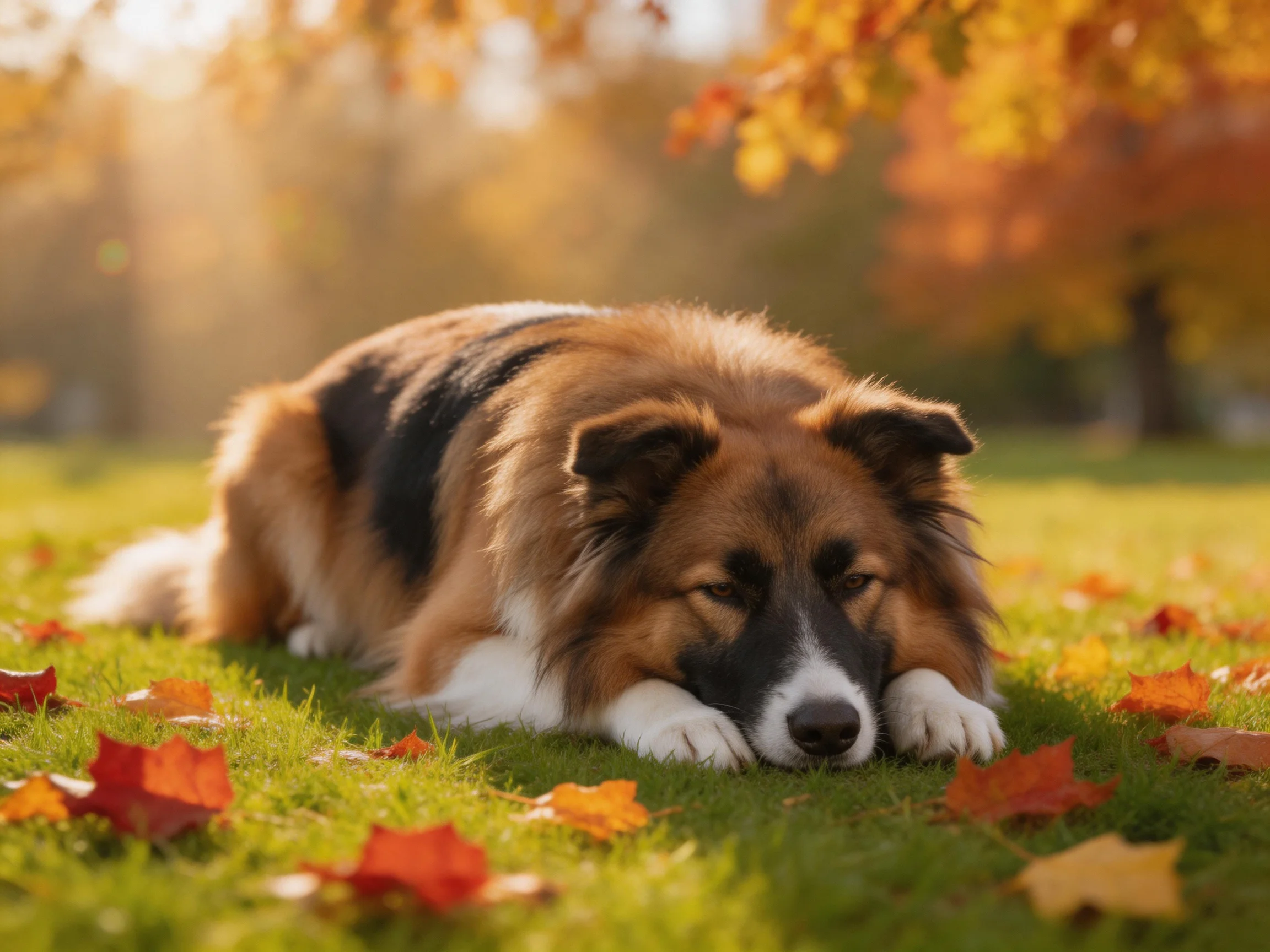 A brown and black dog rests among vibrant fall leaves on green grass