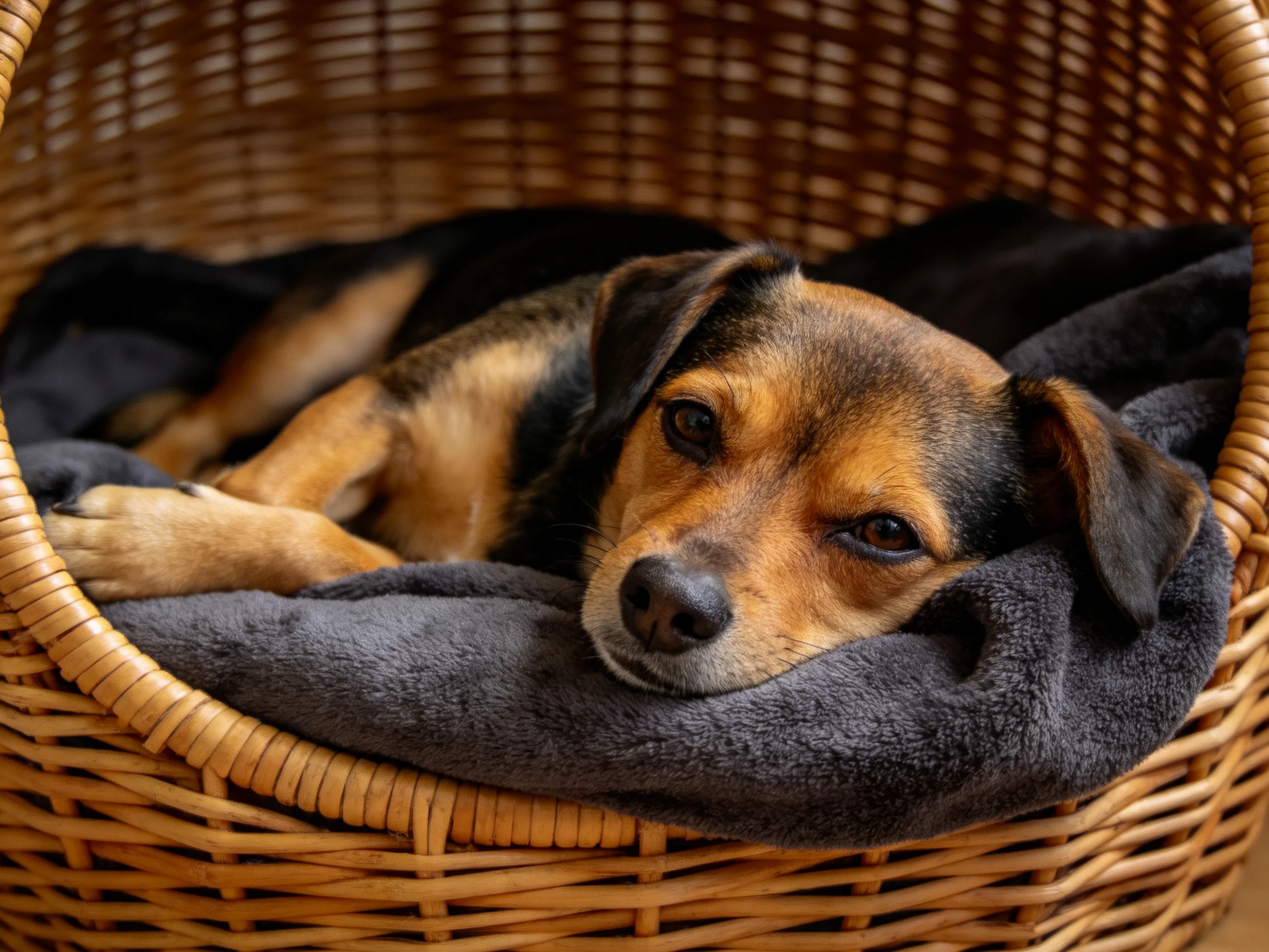 A brown and black dog relaxes in a wicker basket.