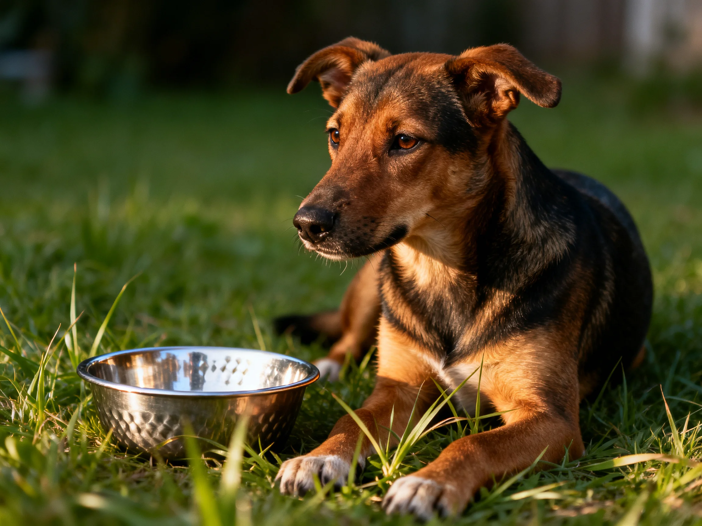 A dog rests beside a metal bowl on grass in a sunny outdoor setting.