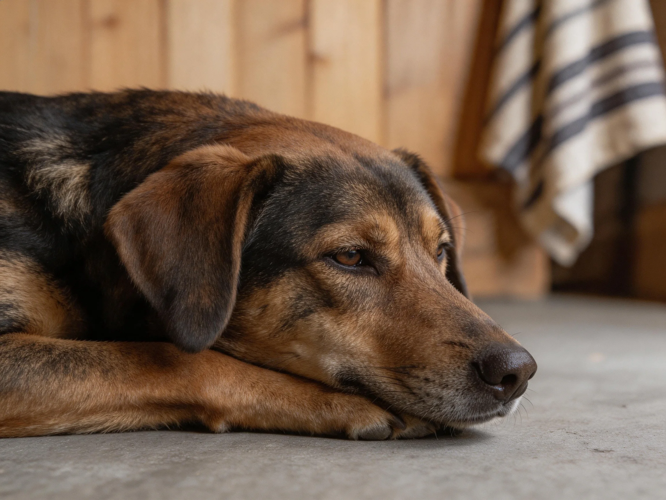 A brown and black dog rests on a concrete floor near wooden walls