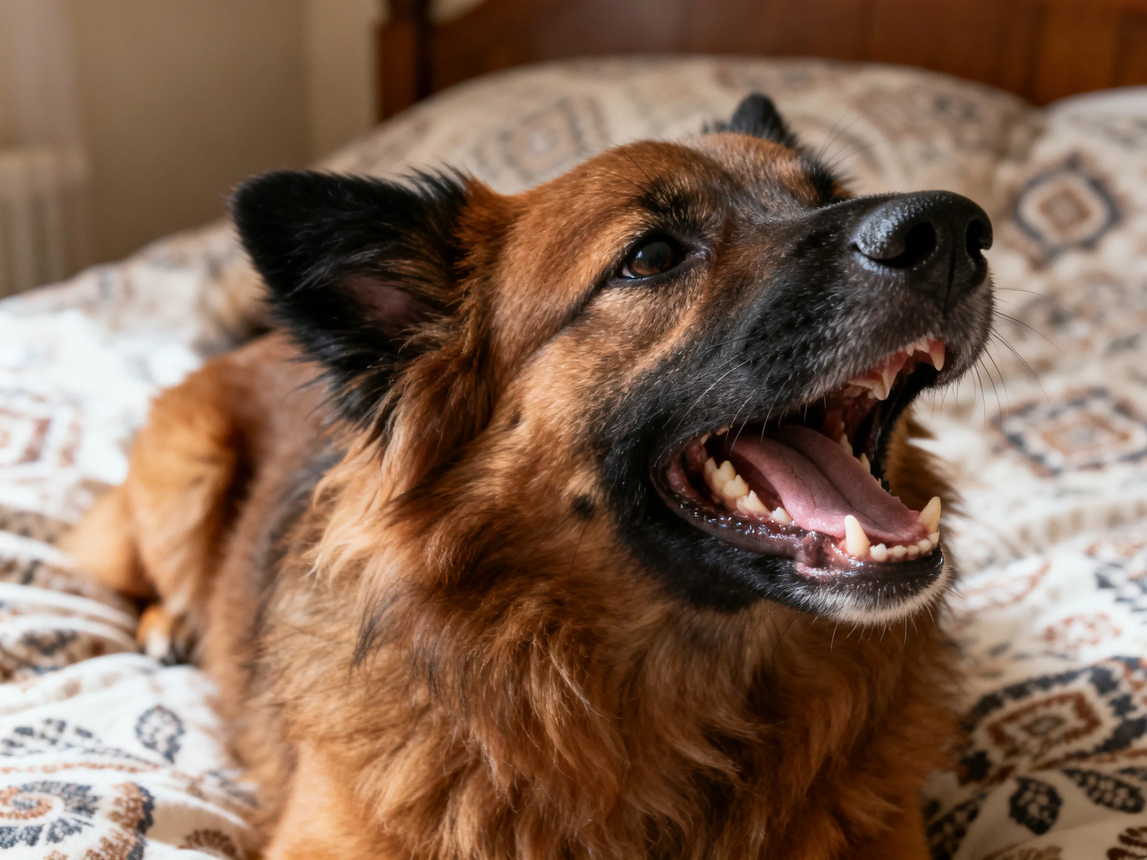 A brown and black dog rests on a patterned bedspread