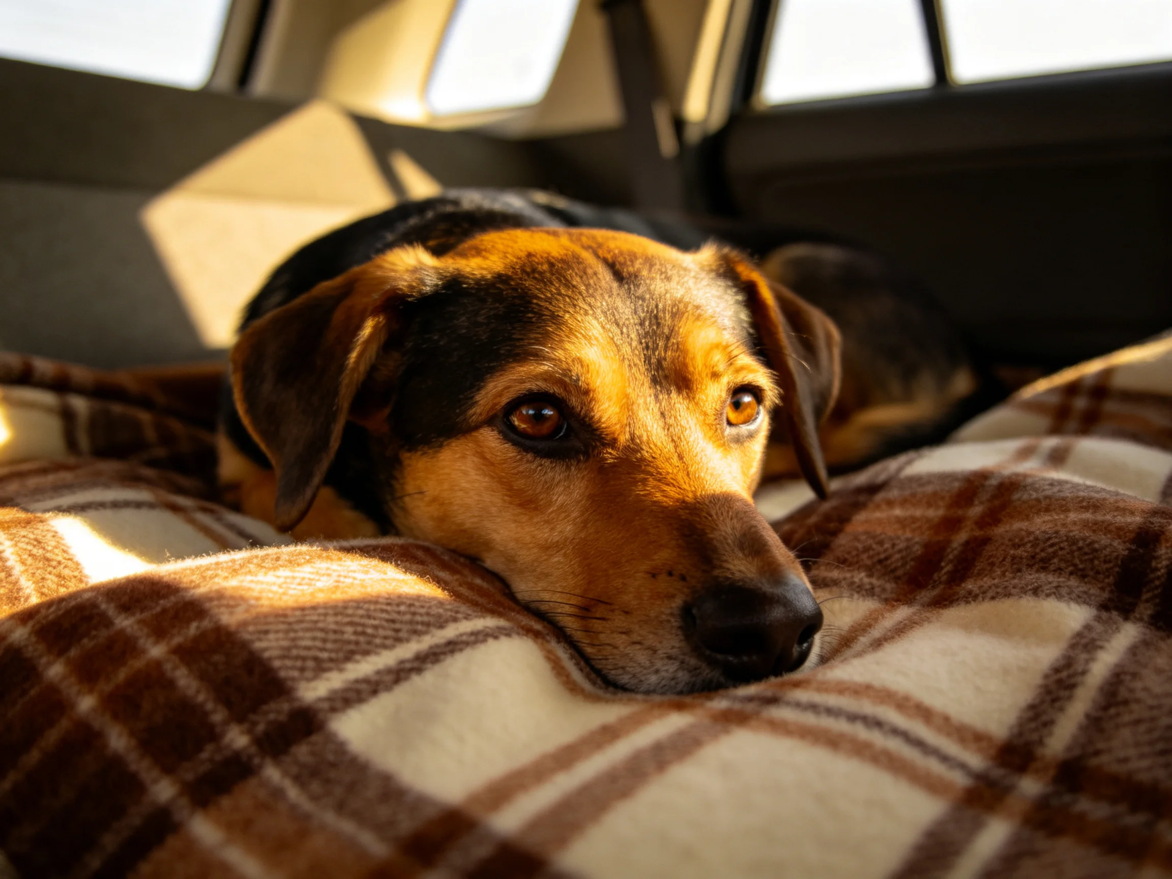 A dog lies on a blanket inside a car with sunlight streaming in