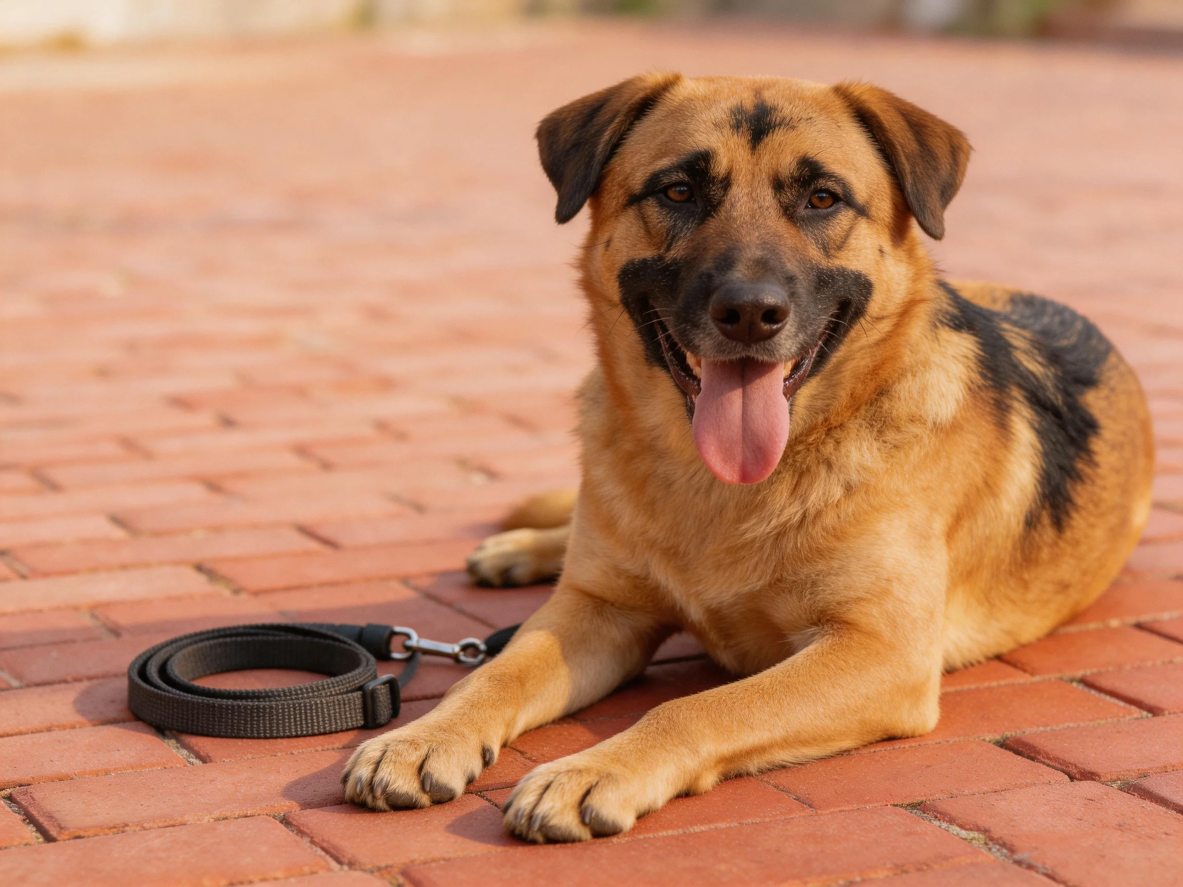 A brown and black dog relaxes on a red brick pavement next to a leash.