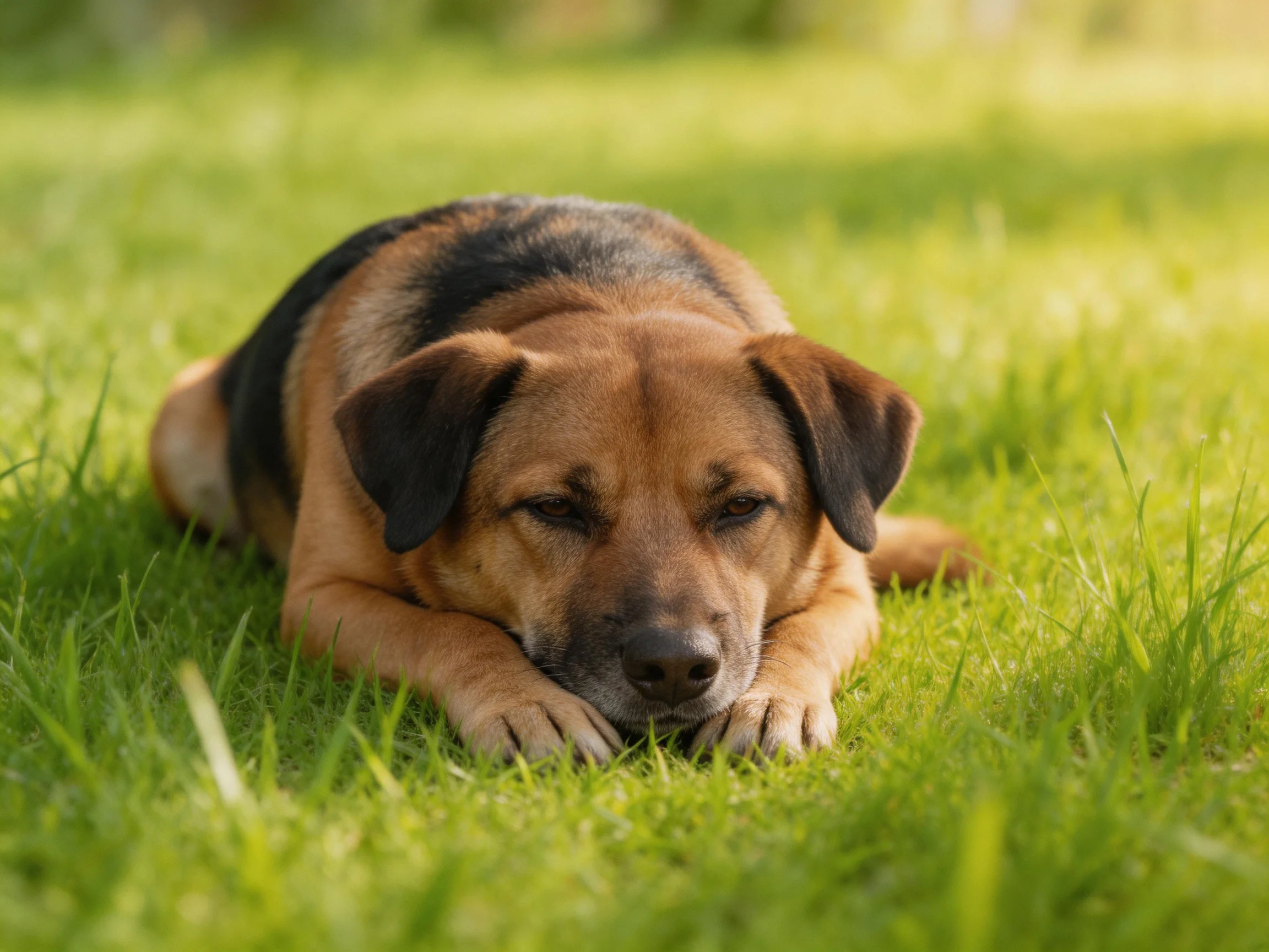 A brown and black dog rests on green grass in a sunlit outdoor setting.