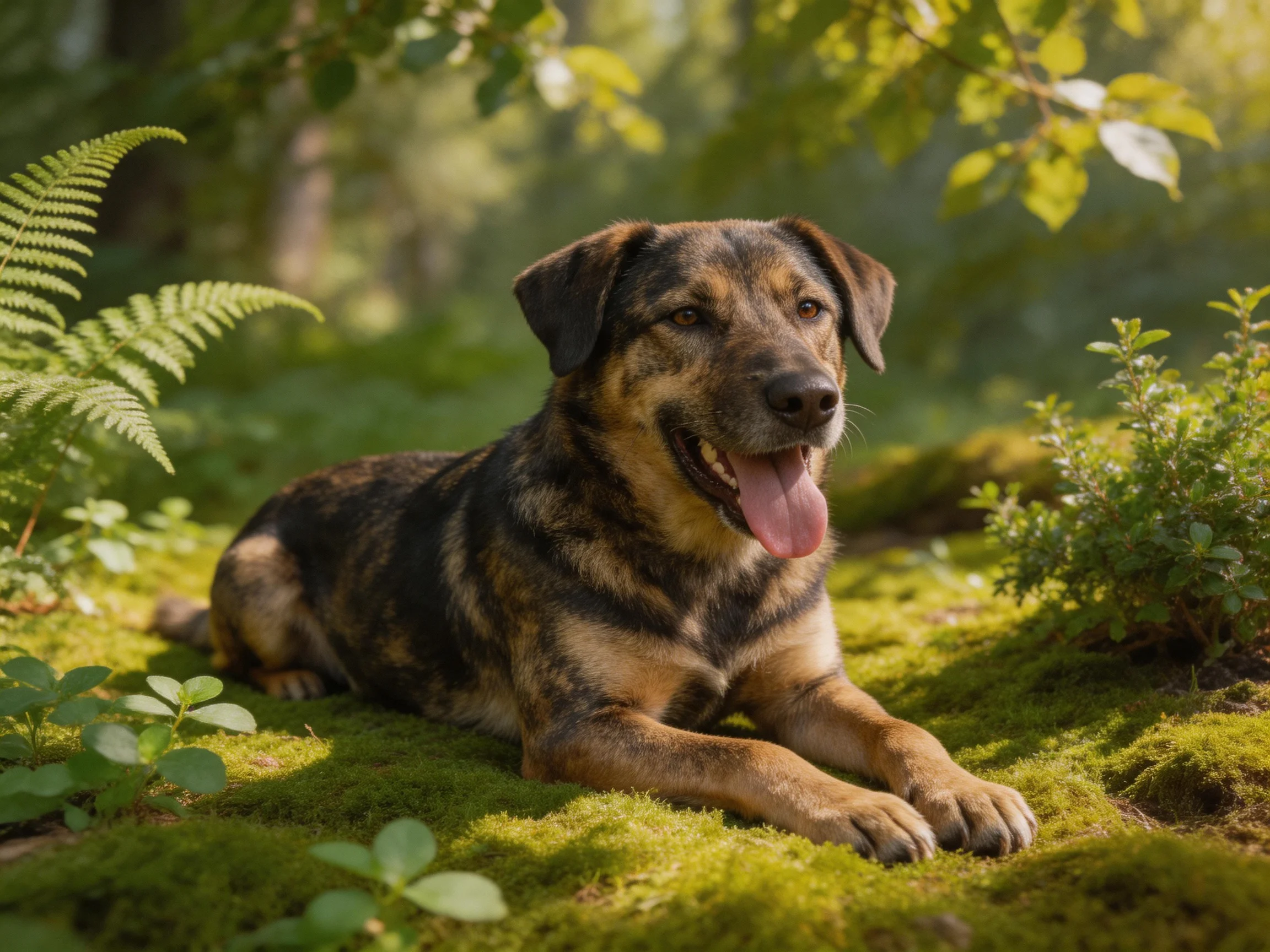 A brown and black dog rests on moss amid lush green foliage