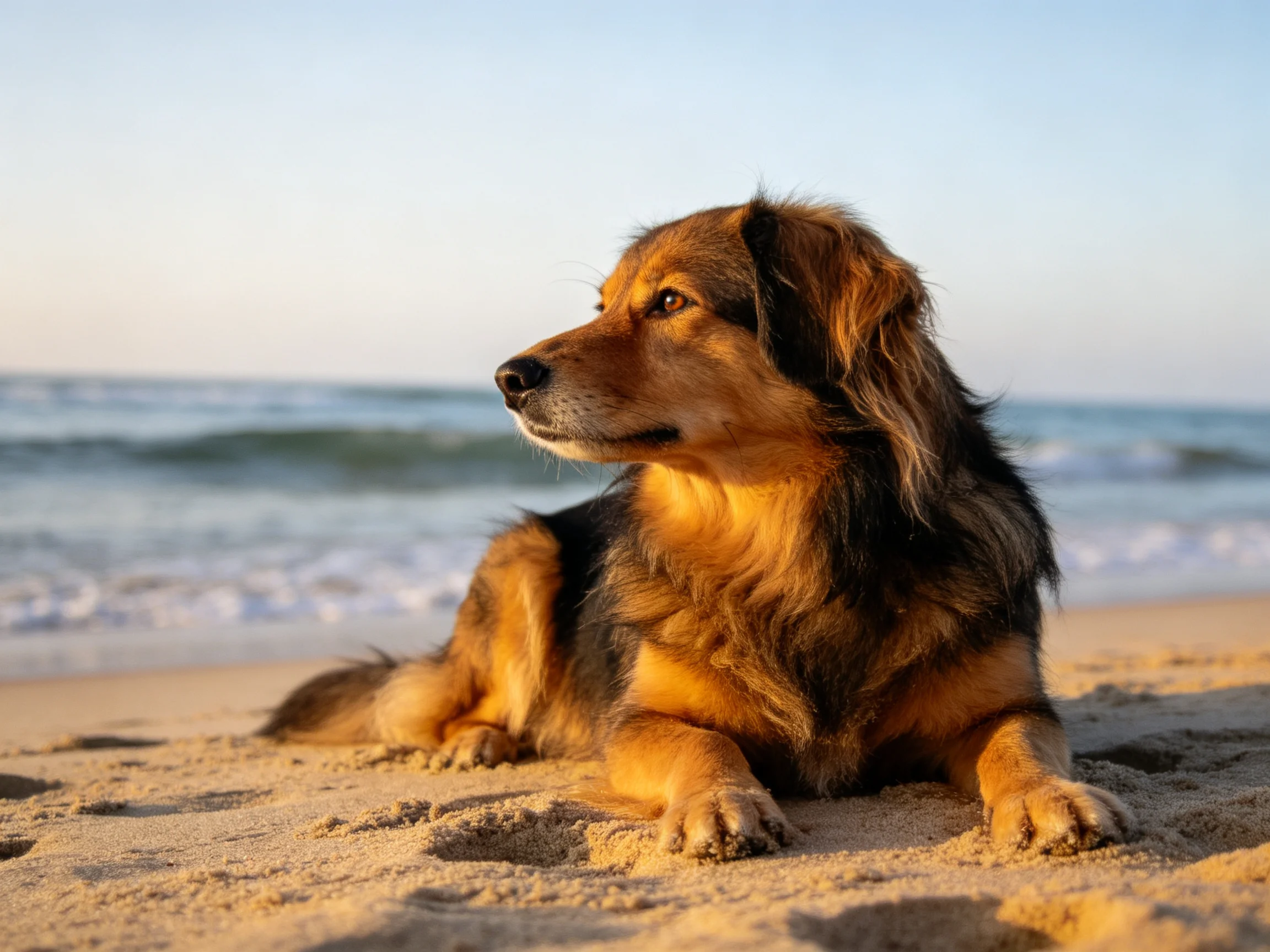 A brown and black dog rests on sandy beach by ocean waves