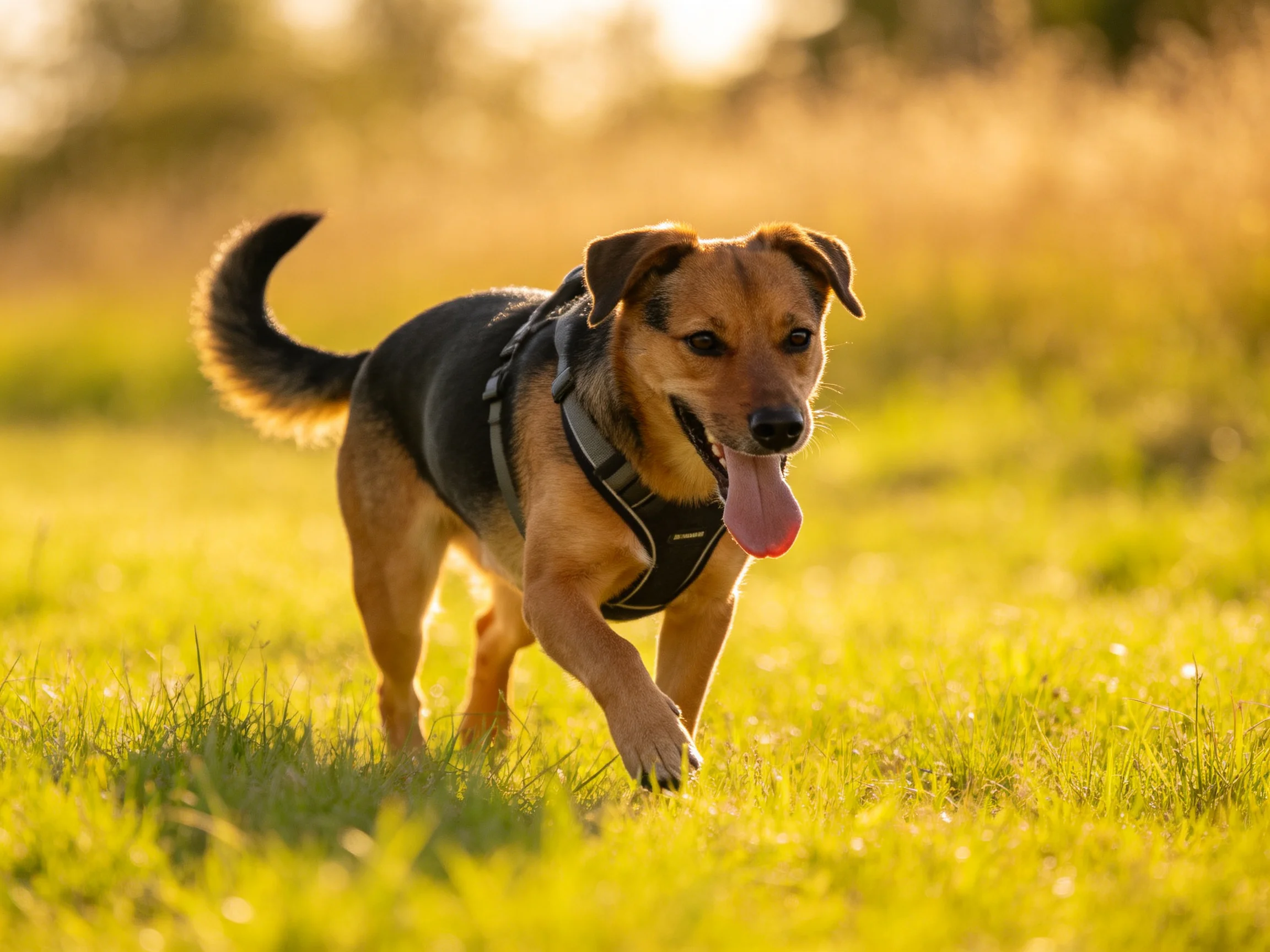A brown and black dog runs through golden grassy fields wearing a harness