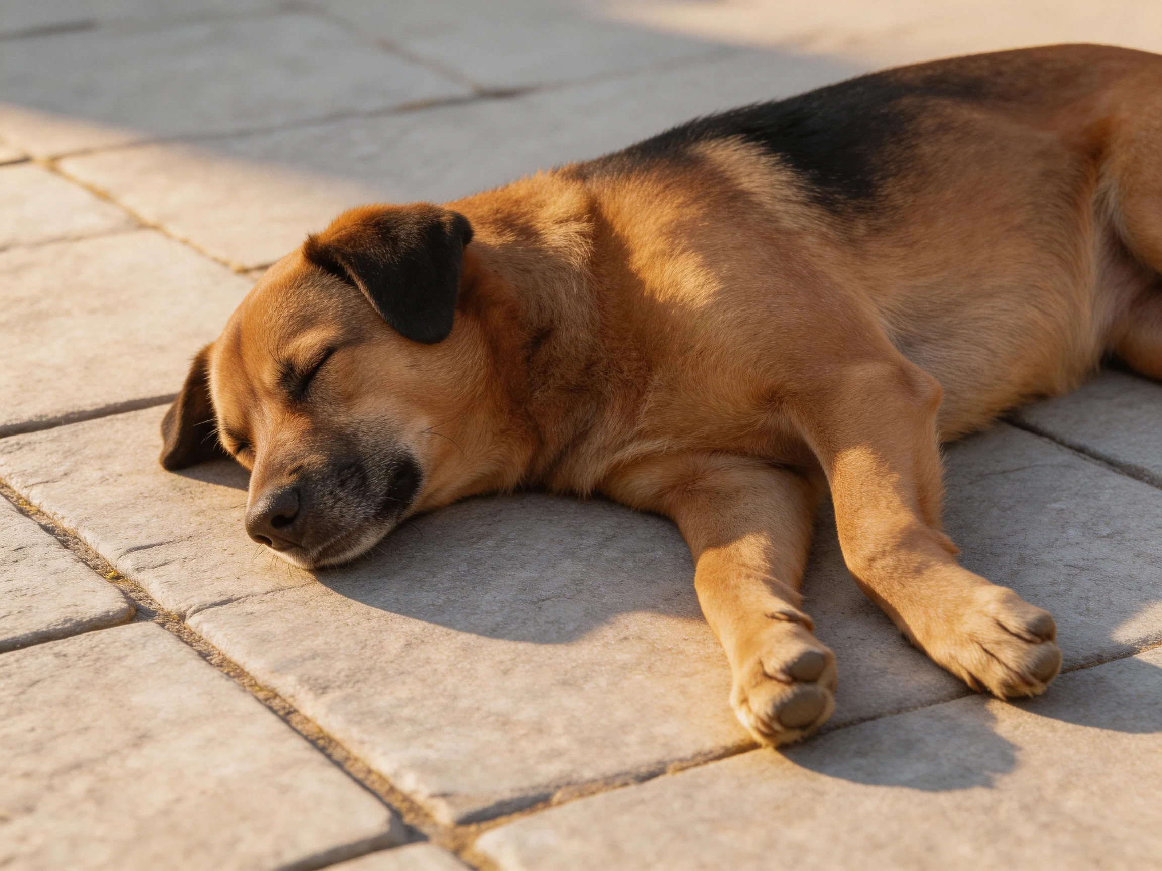 A brown and black dog sleeps contentedly on sunlit stone pavement