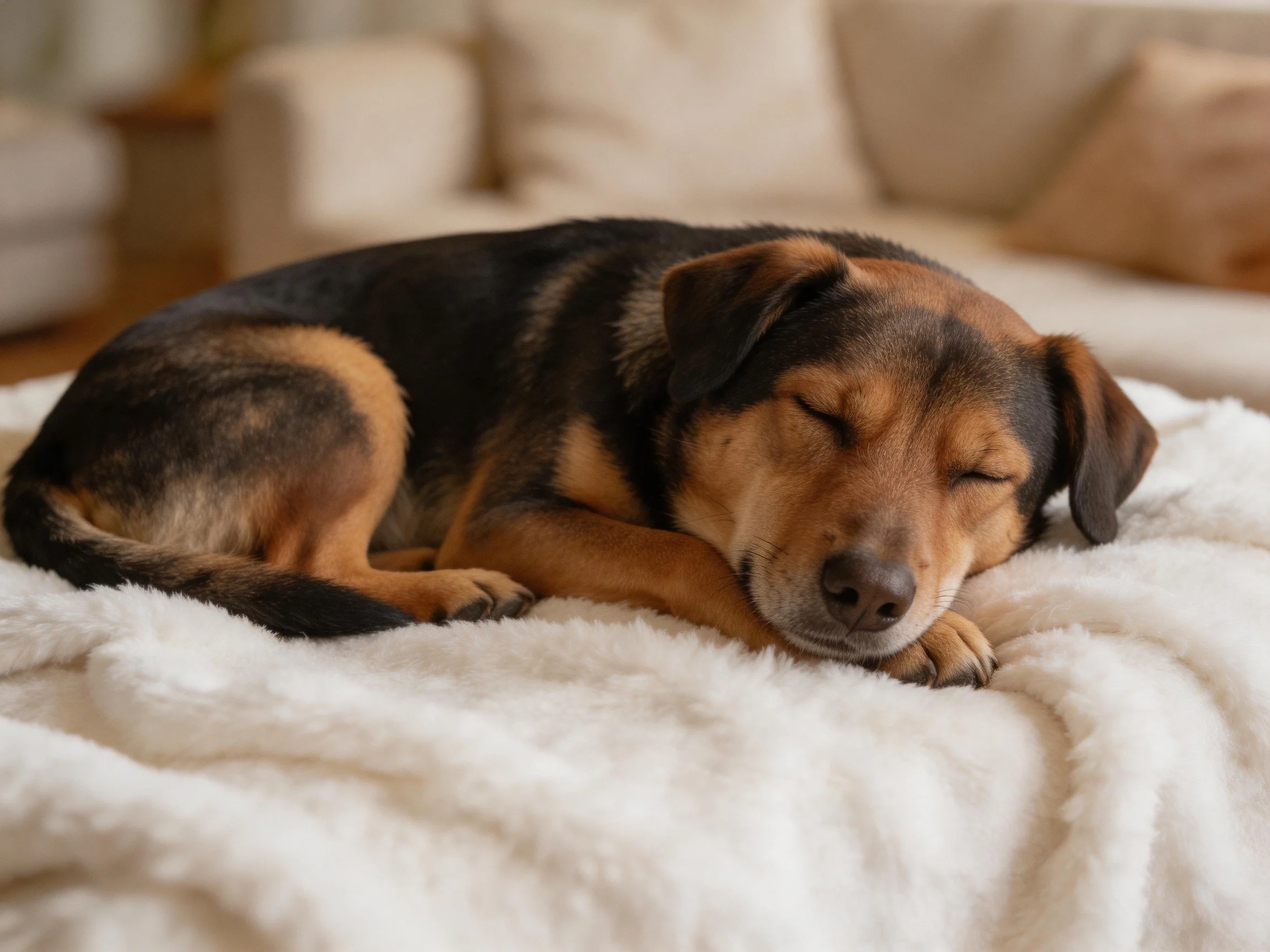 A brown and black dog sleeps on a soft white blanket indoors.