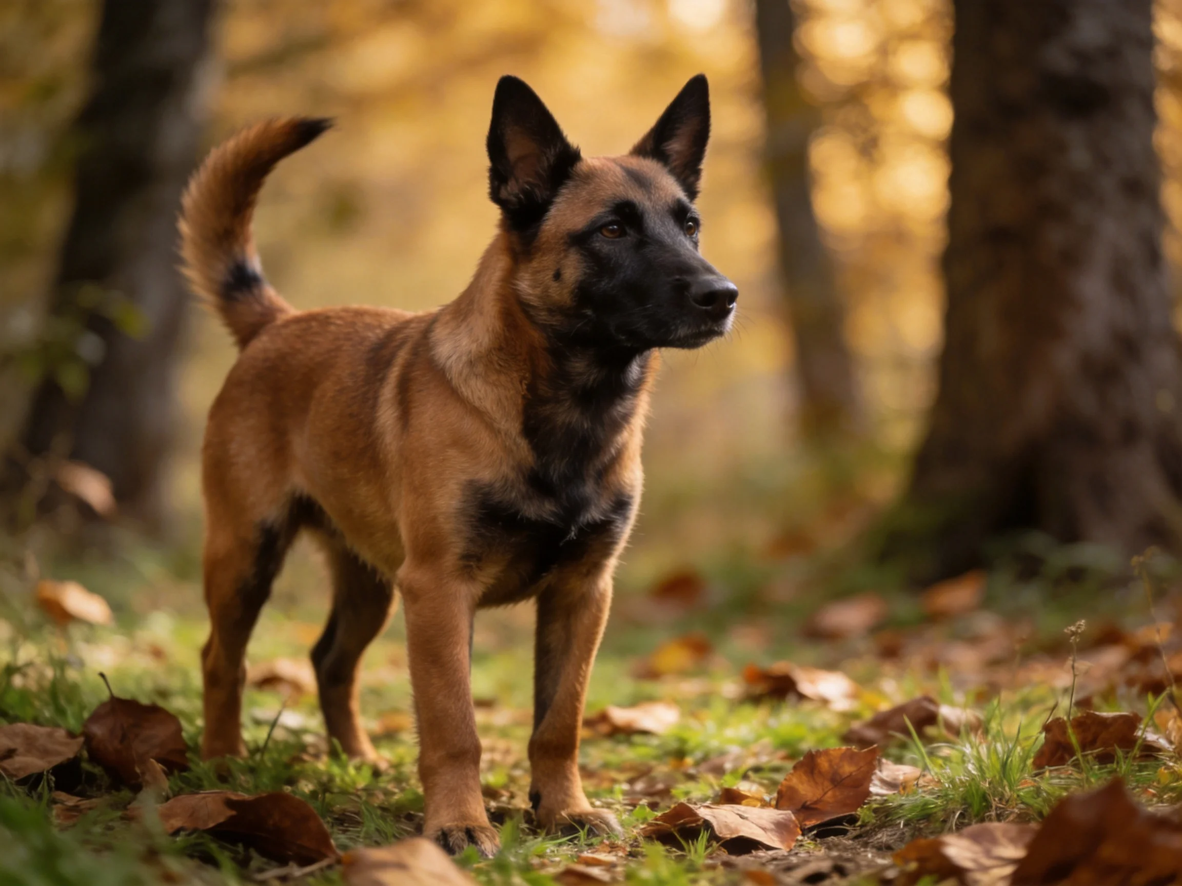 A brown and black dog stands in a sunlit forest with fallen leaves