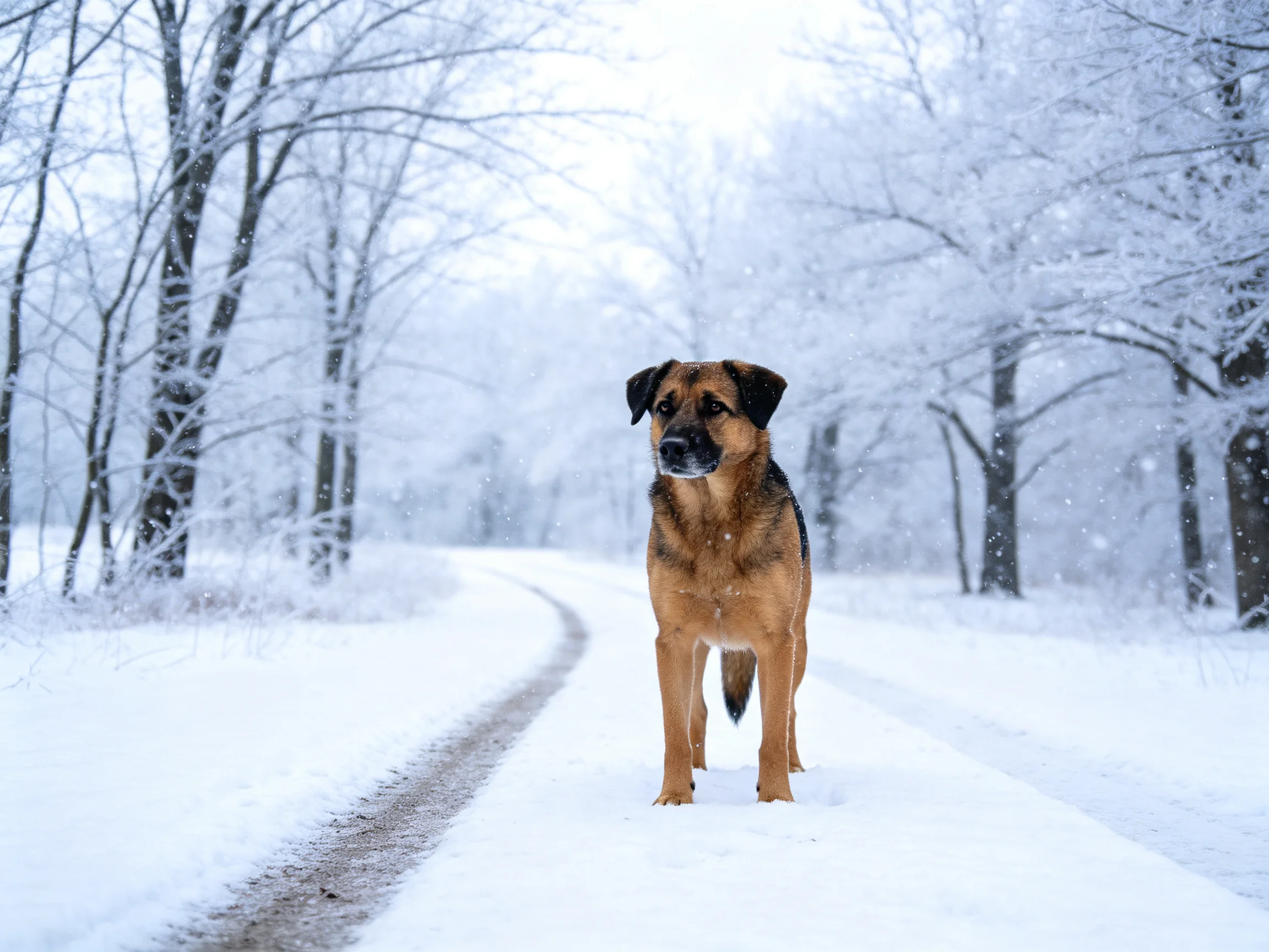 A brown and black dog stands on a snow-covered forest path