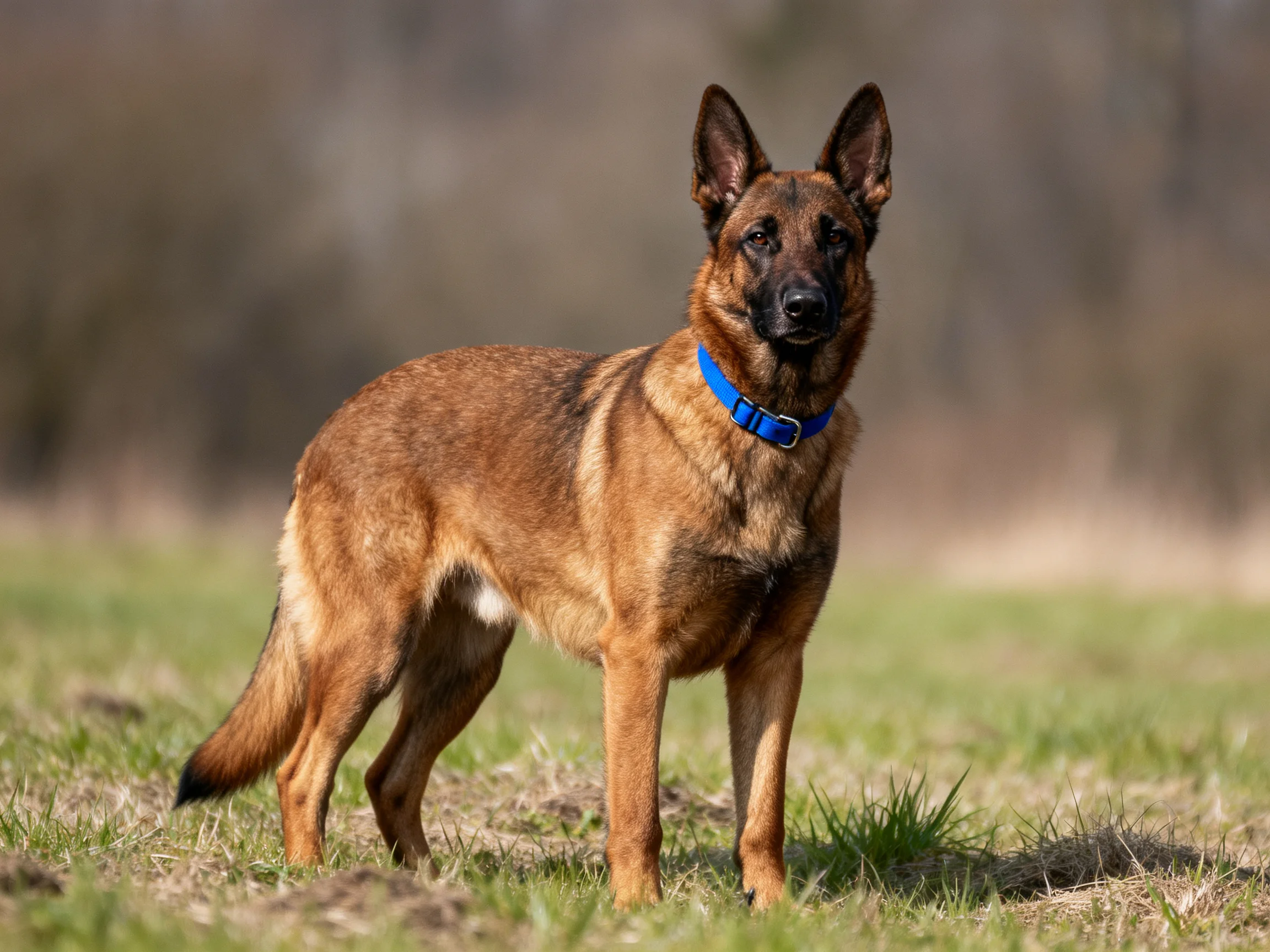 A brown and black dog with a blue collar stands alertly in a grassy area.