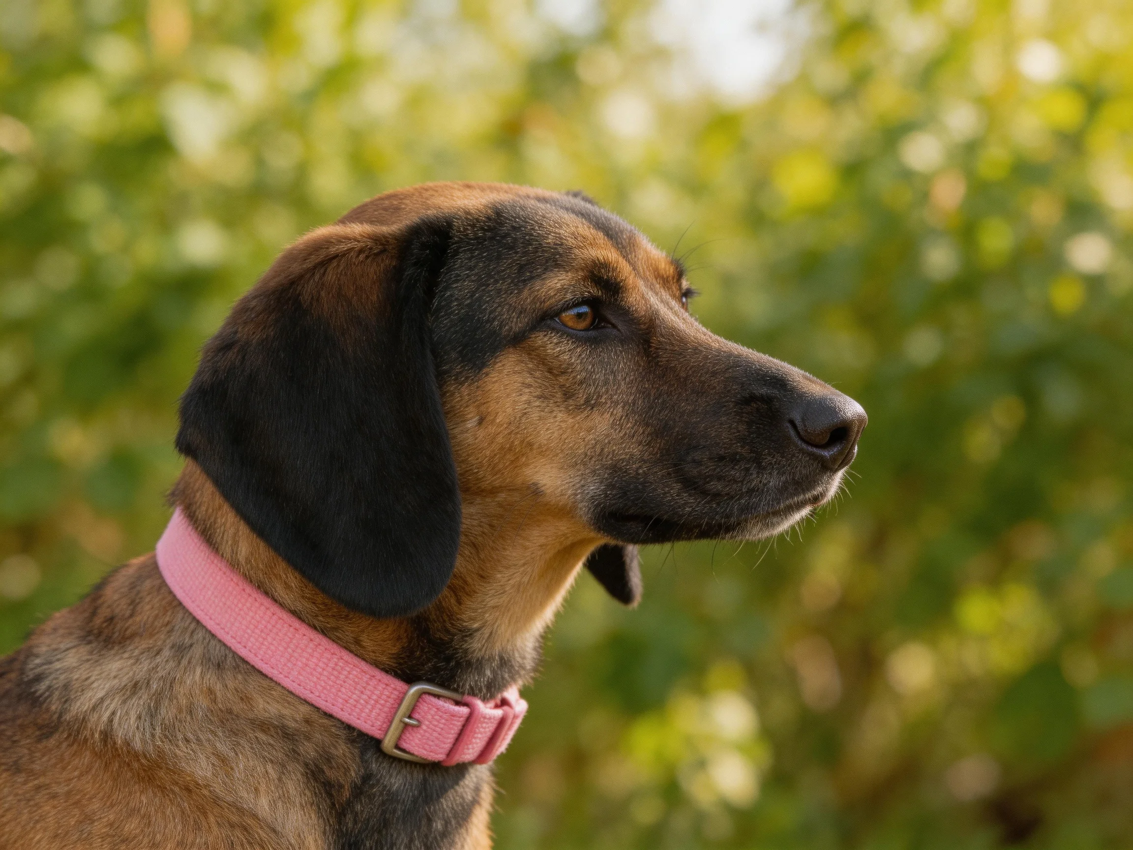 A brown and black dog with a pink collar is outdoors near greenery.