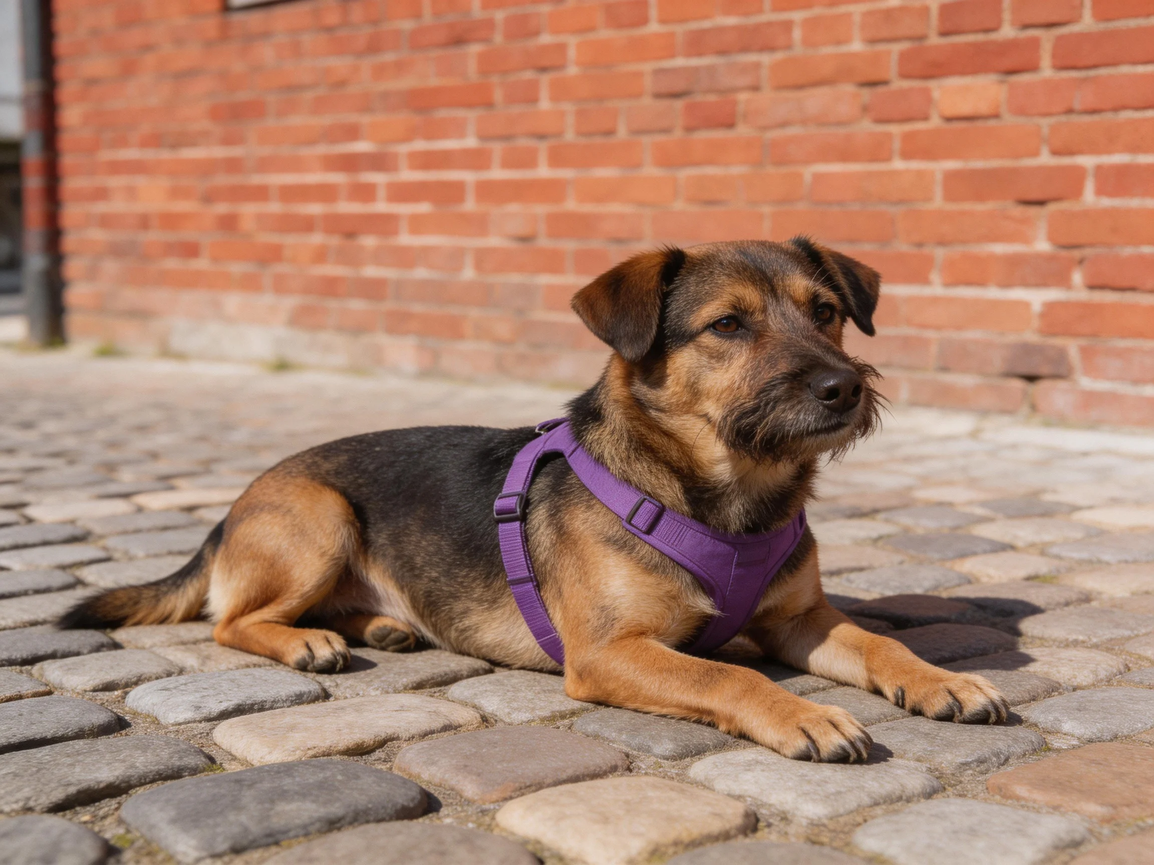 A brown and black dog with a purple harness lies beside a red brick wall.