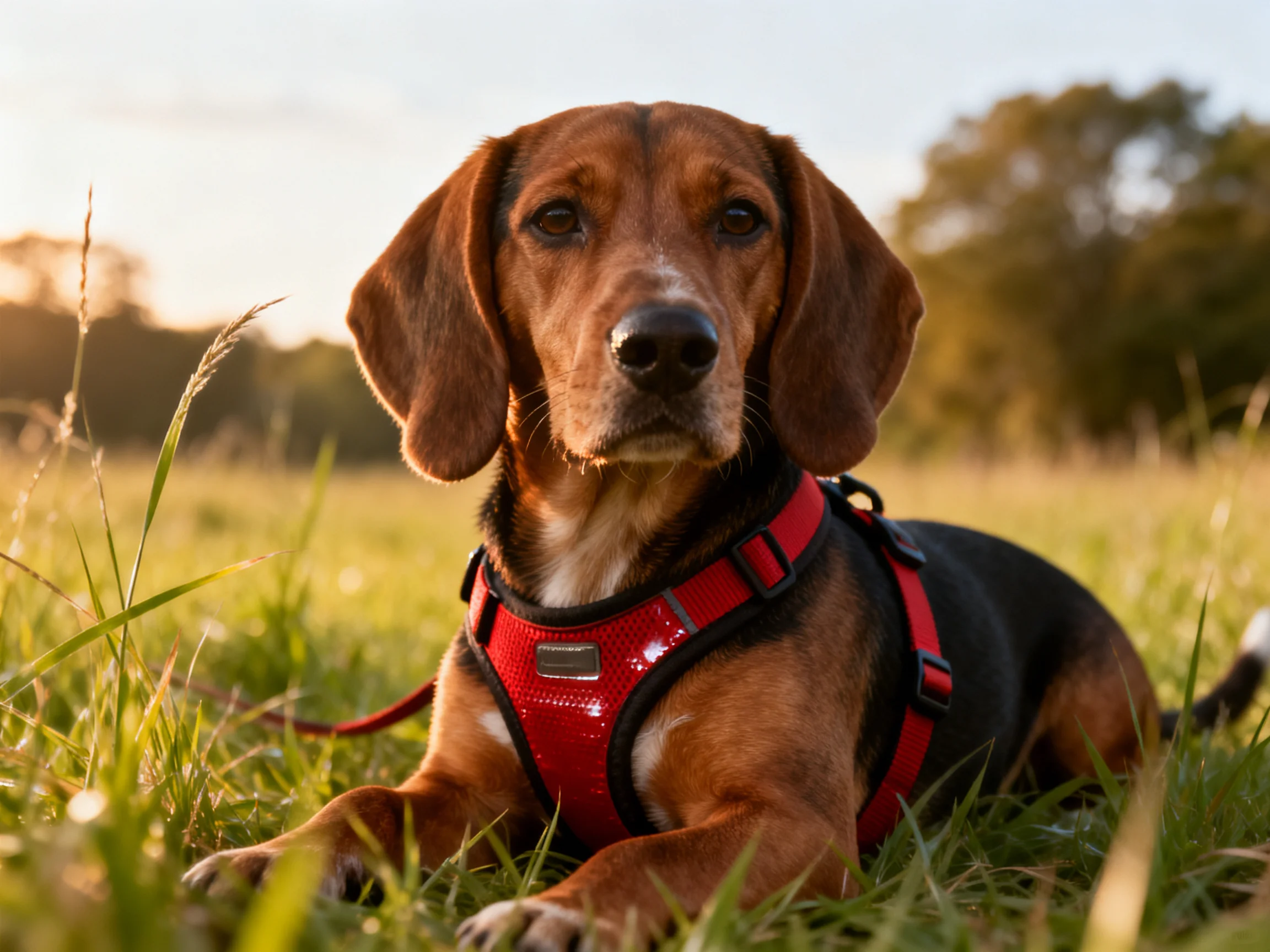 A dog with a red harness rests in a sunlit grassy field.