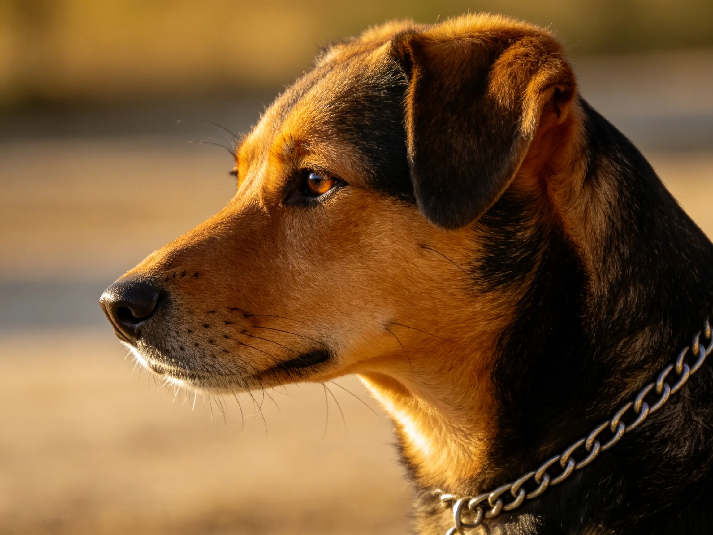 A brown and black dog with a silver chain is depicted outdoors in warm lighting.