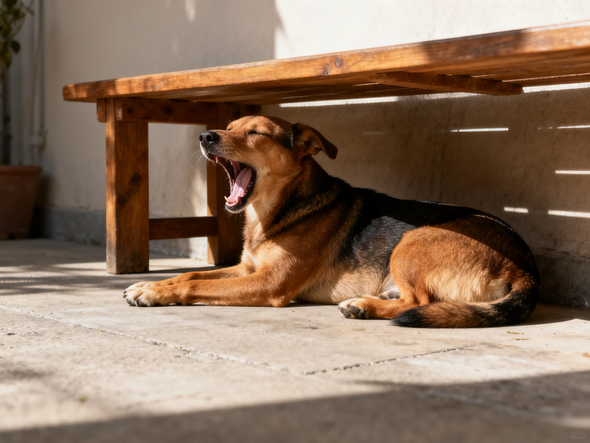 A brown and black dog yawns beneath a wooden bench