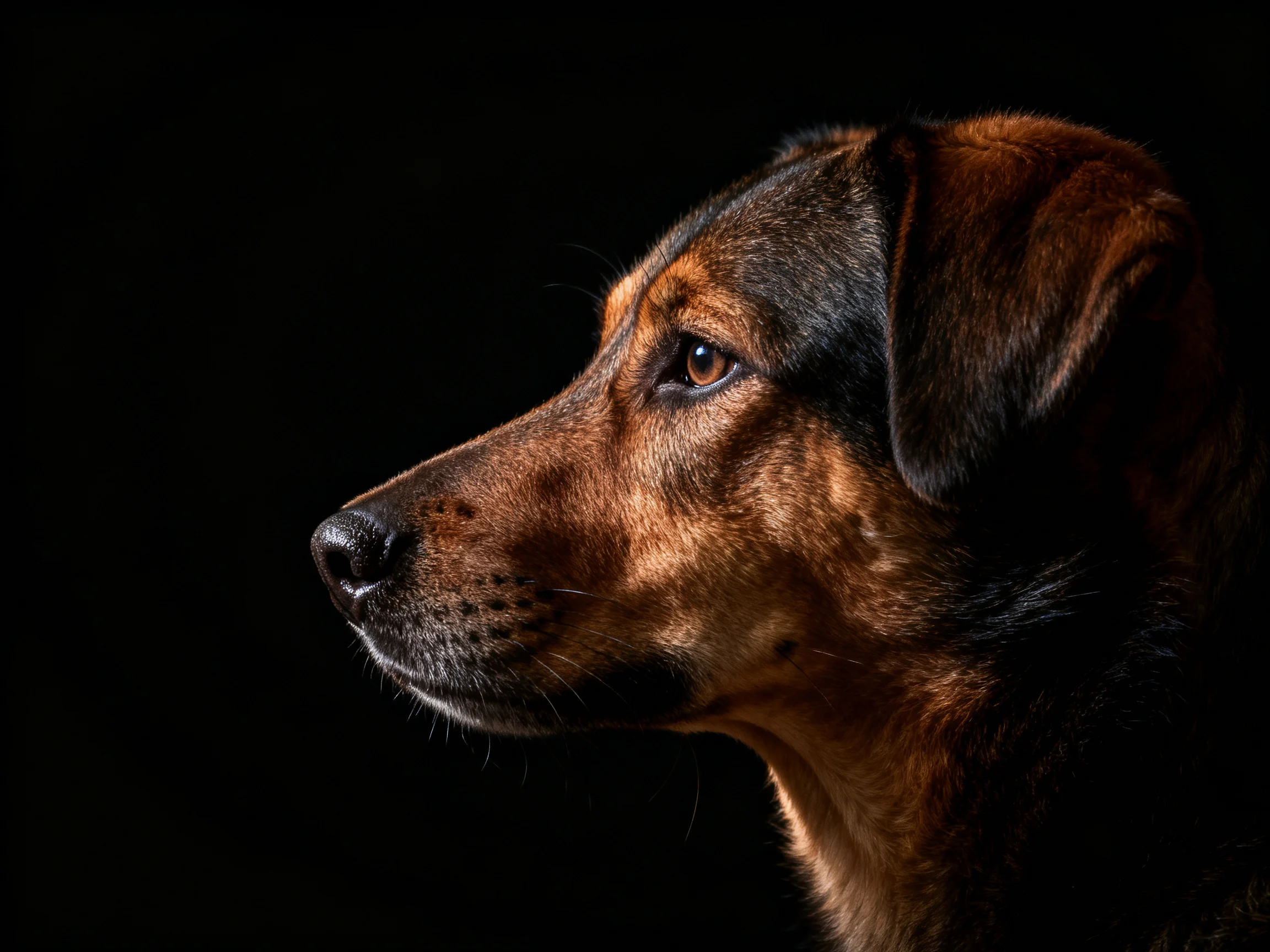 A brown and black dogs profile with dramatic lighting contrast