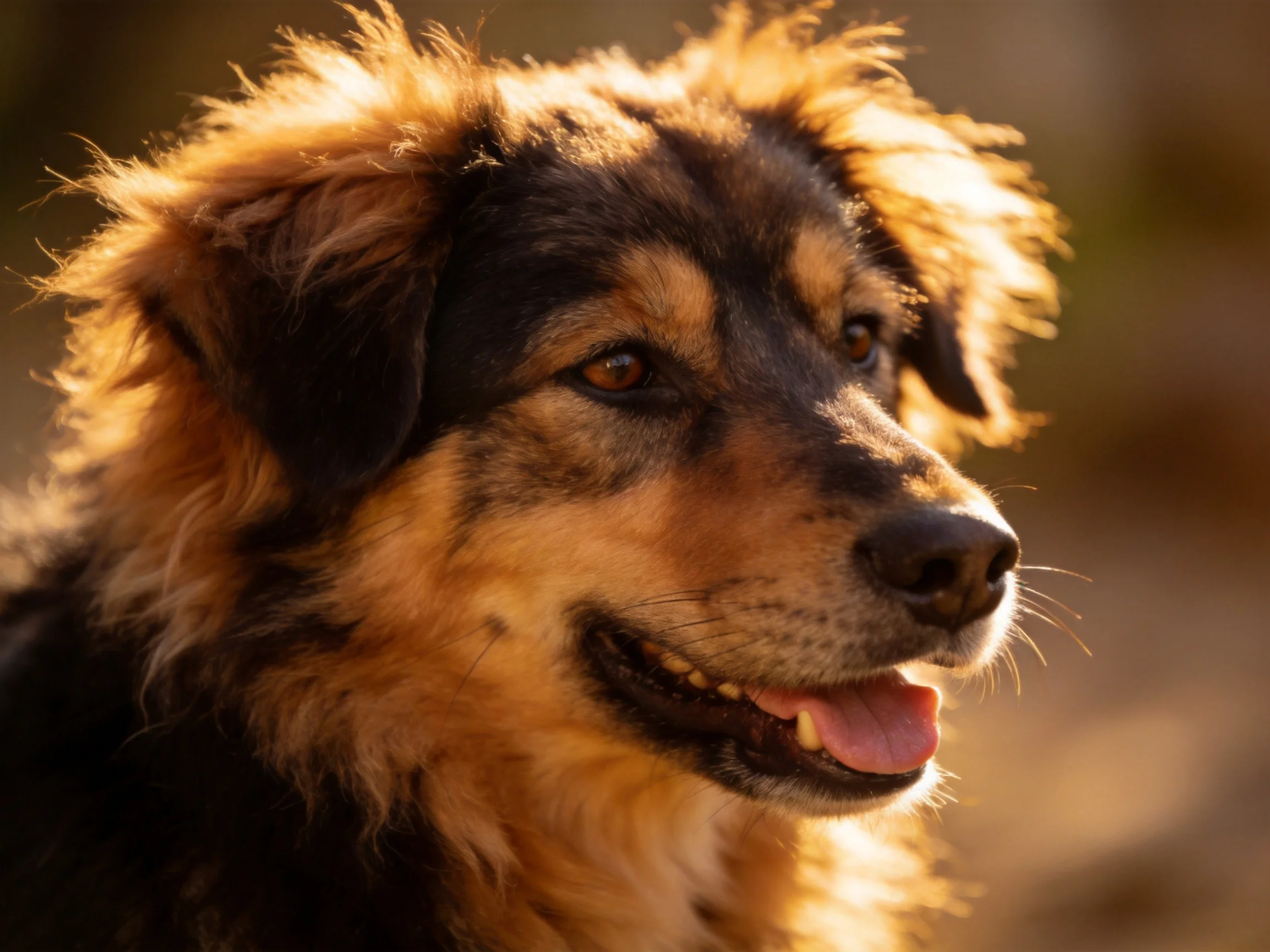 A brown and black fluffy dog is shown up close with warm sunlight.