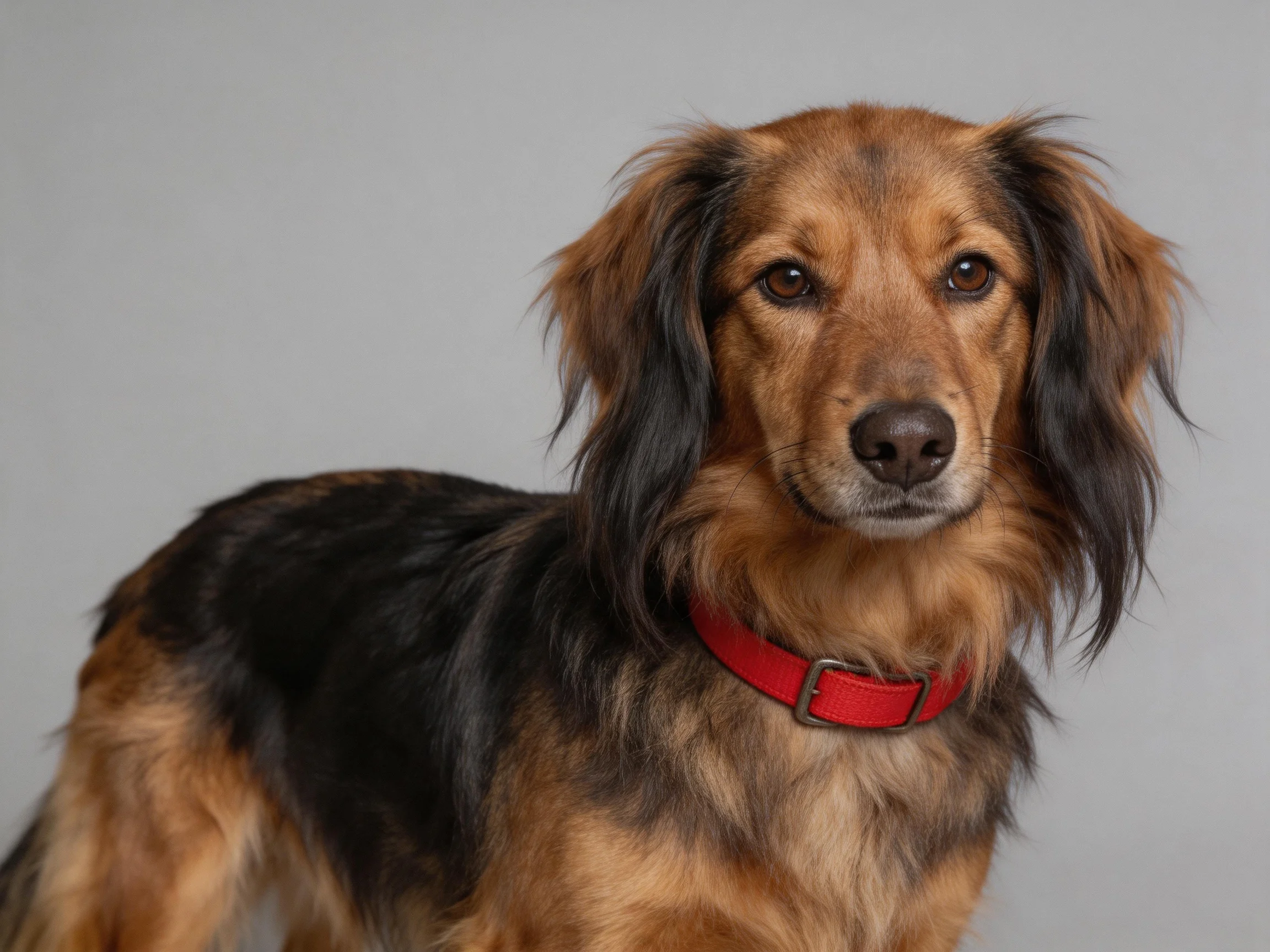 A brown and black long - haired dog with a bright red collar